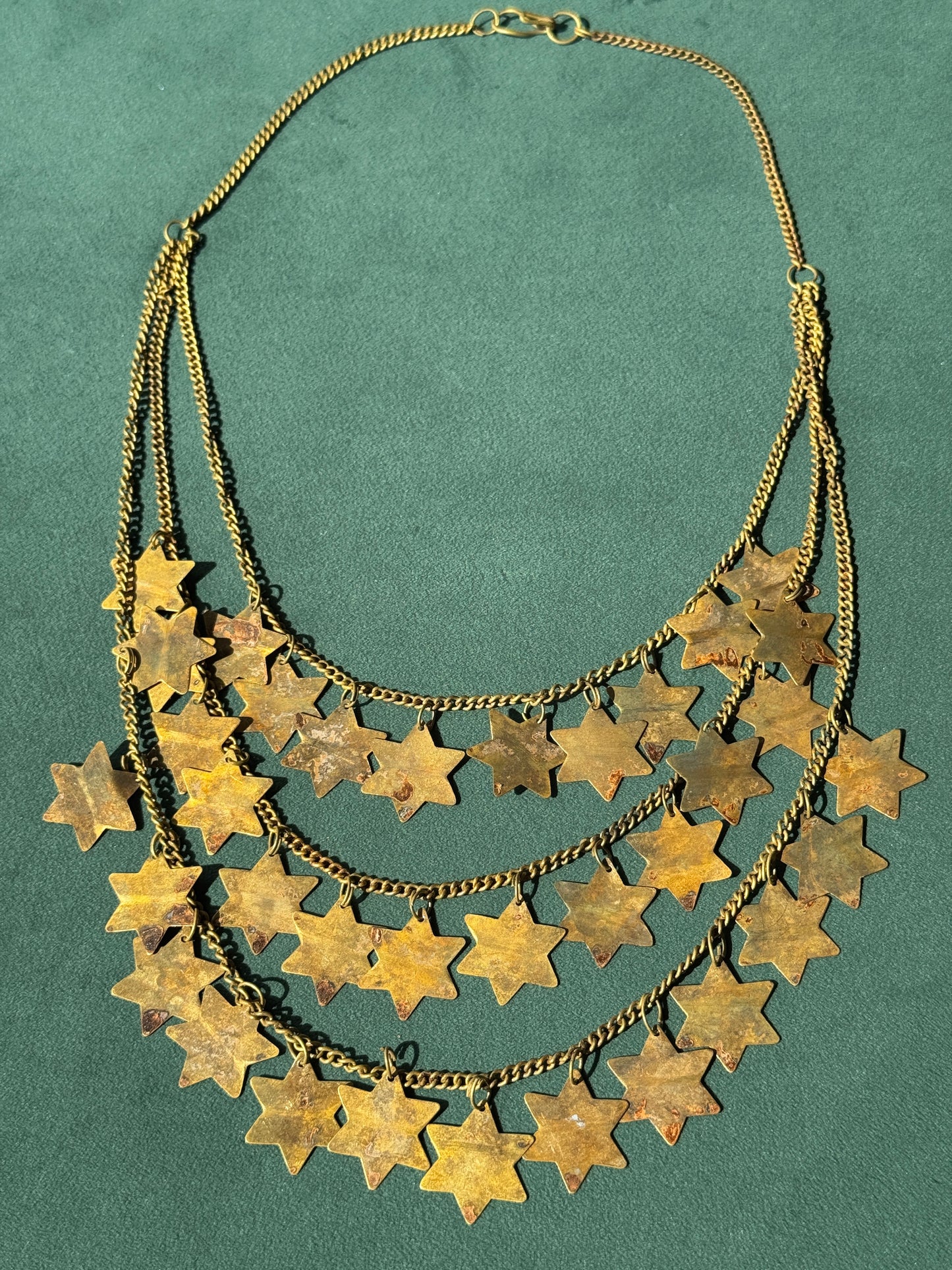 Vintage Brass Star of David Three Strand Bib Necklace Judaica Statement Magen David Graduating Chains 21 Inches