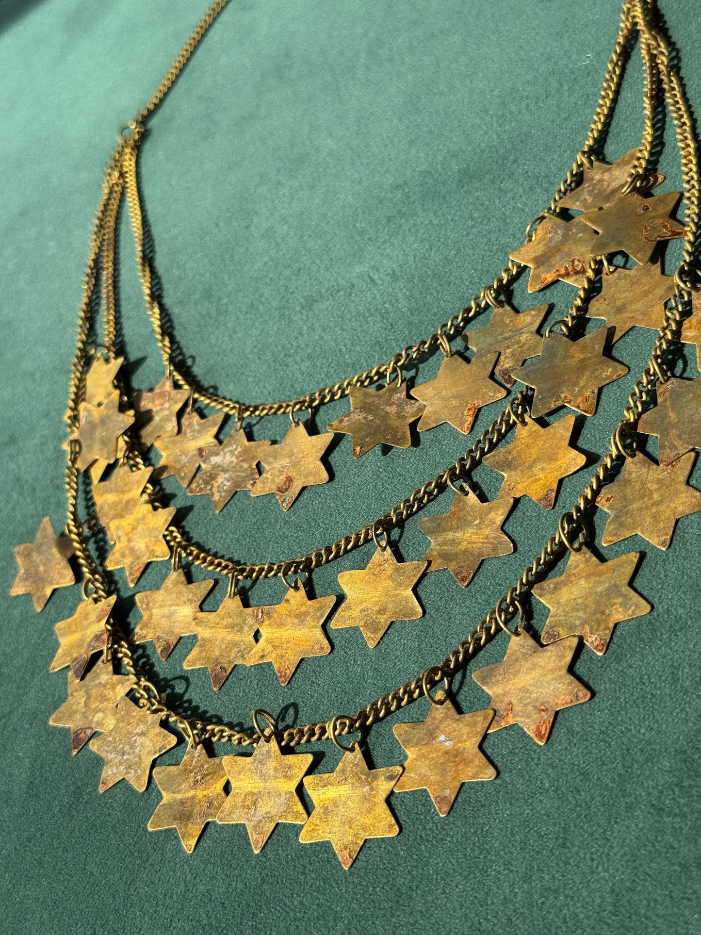 Vintage Brass Star of David Three Strand Bib Necklace Judaica Statement Magen David Graduating Chains 21 Inches