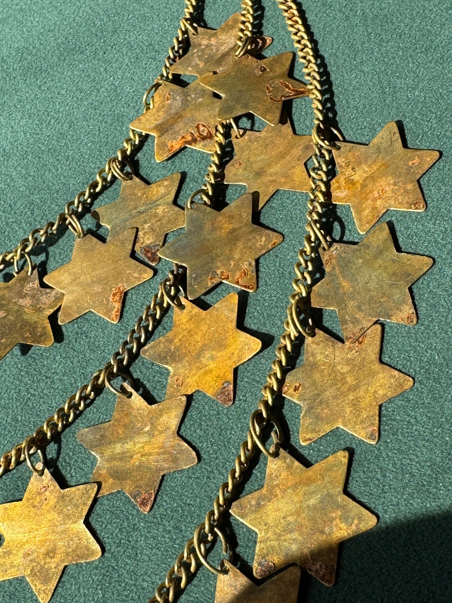 Vintage Brass Star of David Three Strand Bib Necklace Judaica Statement Magen David Graduating Chains 21 Inches