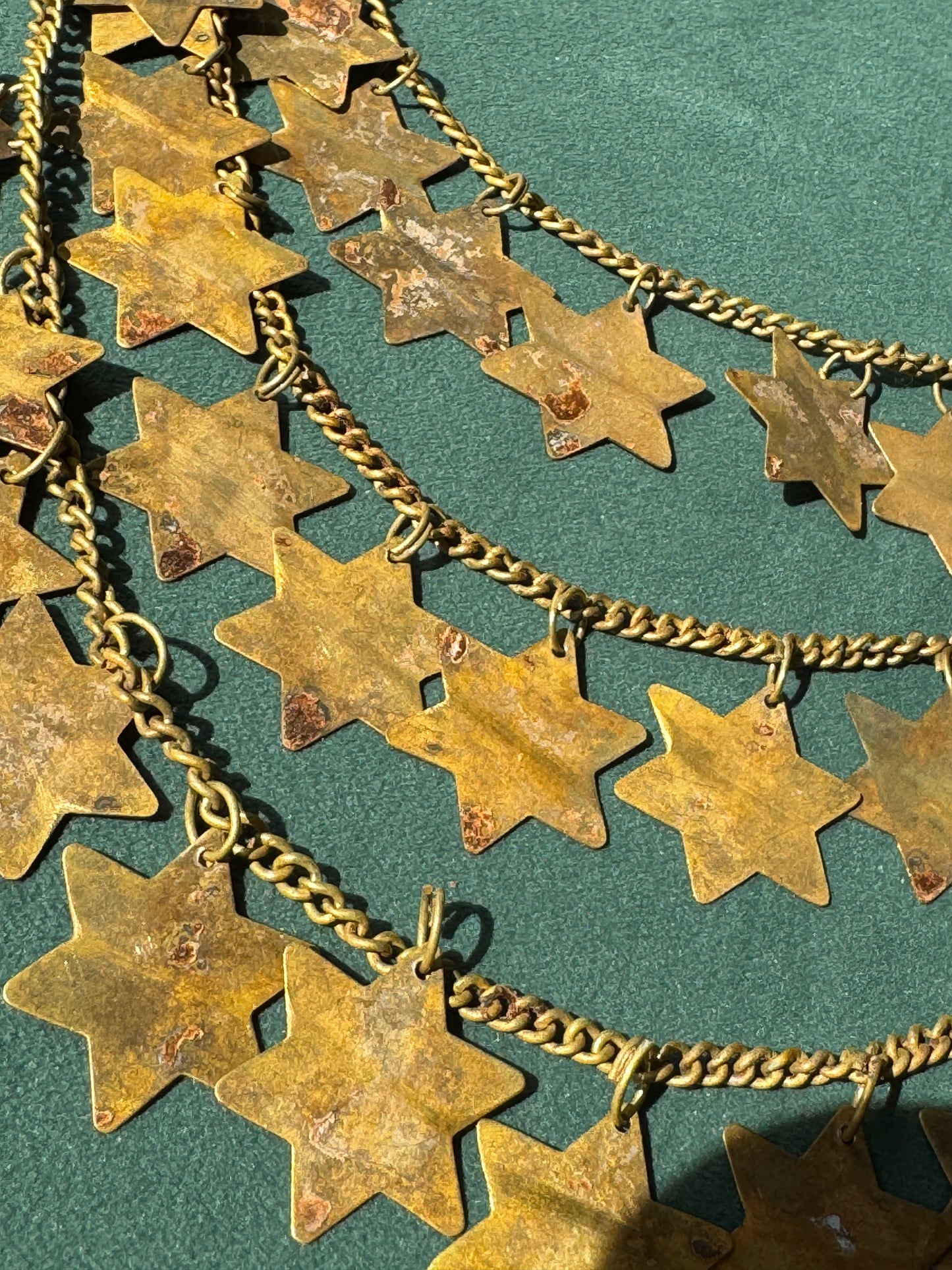 Vintage Brass Star of David Three Strand Bib Necklace Judaica Statement Magen David Graduating Chains 21 Inches