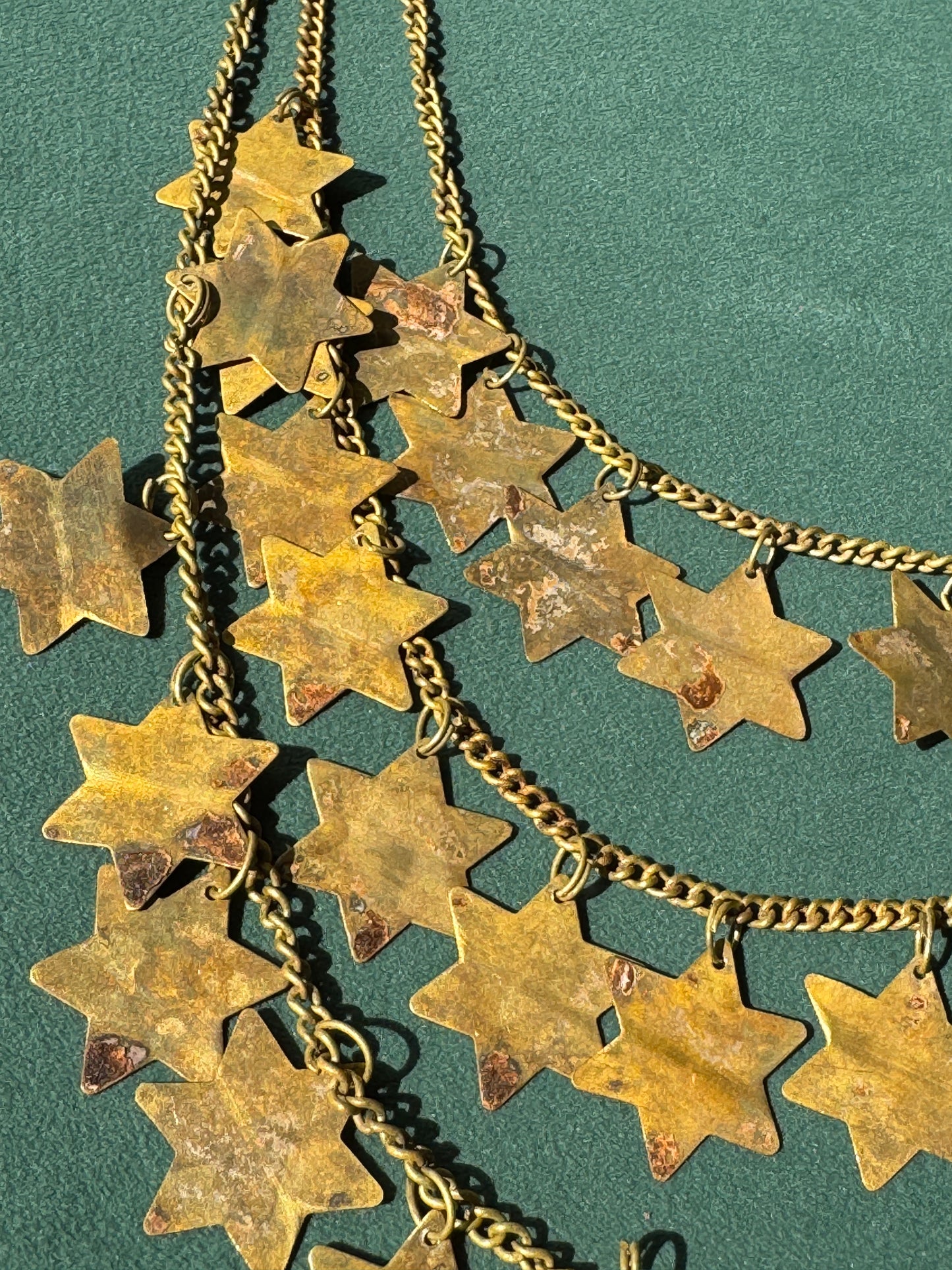 Vintage Brass Star of David Three Strand Bib Necklace Judaica Statement Magen David Graduating Chains 21 Inches