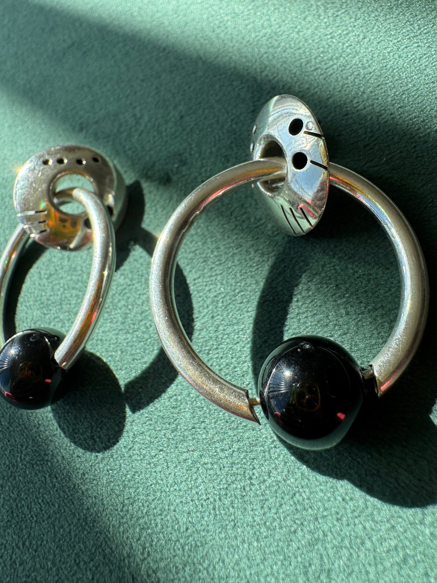 Vintage Mexican Sterling Silver Suspended Hoop and Black Onyx Ball Earrings Y2K Minimal 1990s Modernist