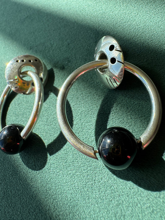 Vintage Mexican Sterling Silver Suspended Hoop and Black Onyx Ball Earrings Y2K Minimal 1990s Modernist