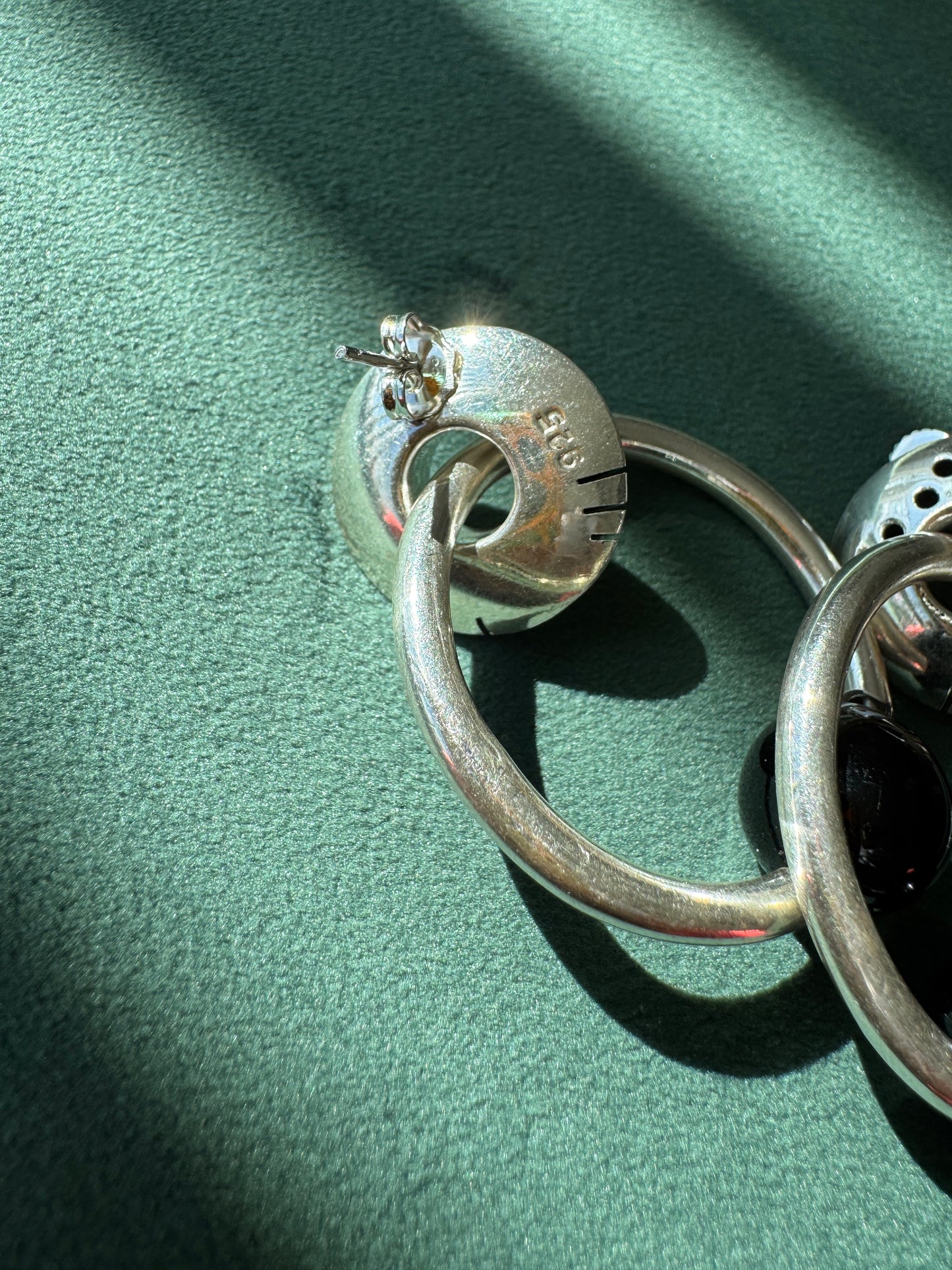 Vintage Mexican Sterling Silver Suspended Hoop and Black Onyx Ball Earrings Y2K Minimal 1990s Modernist