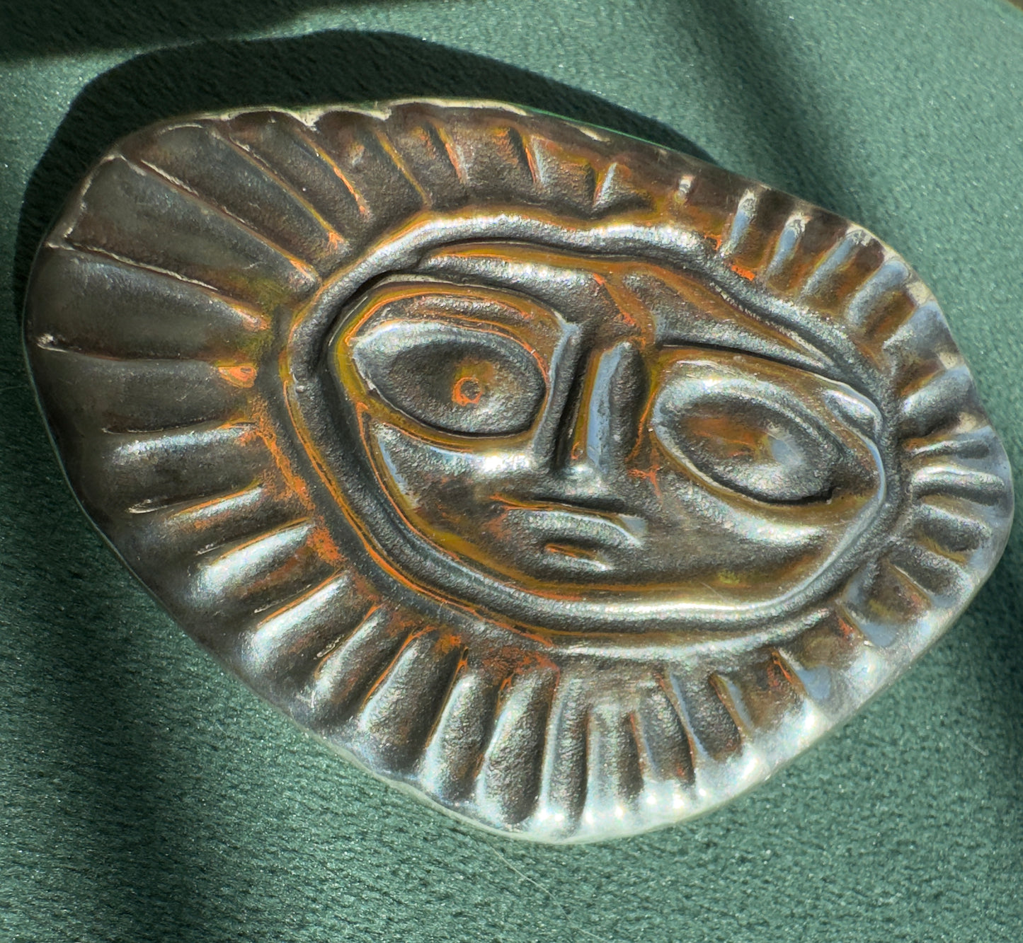 Vintage Sterling Silver Sun God Face Brooch Bold Pre-Columbian Style Signed 925 Statement Pin