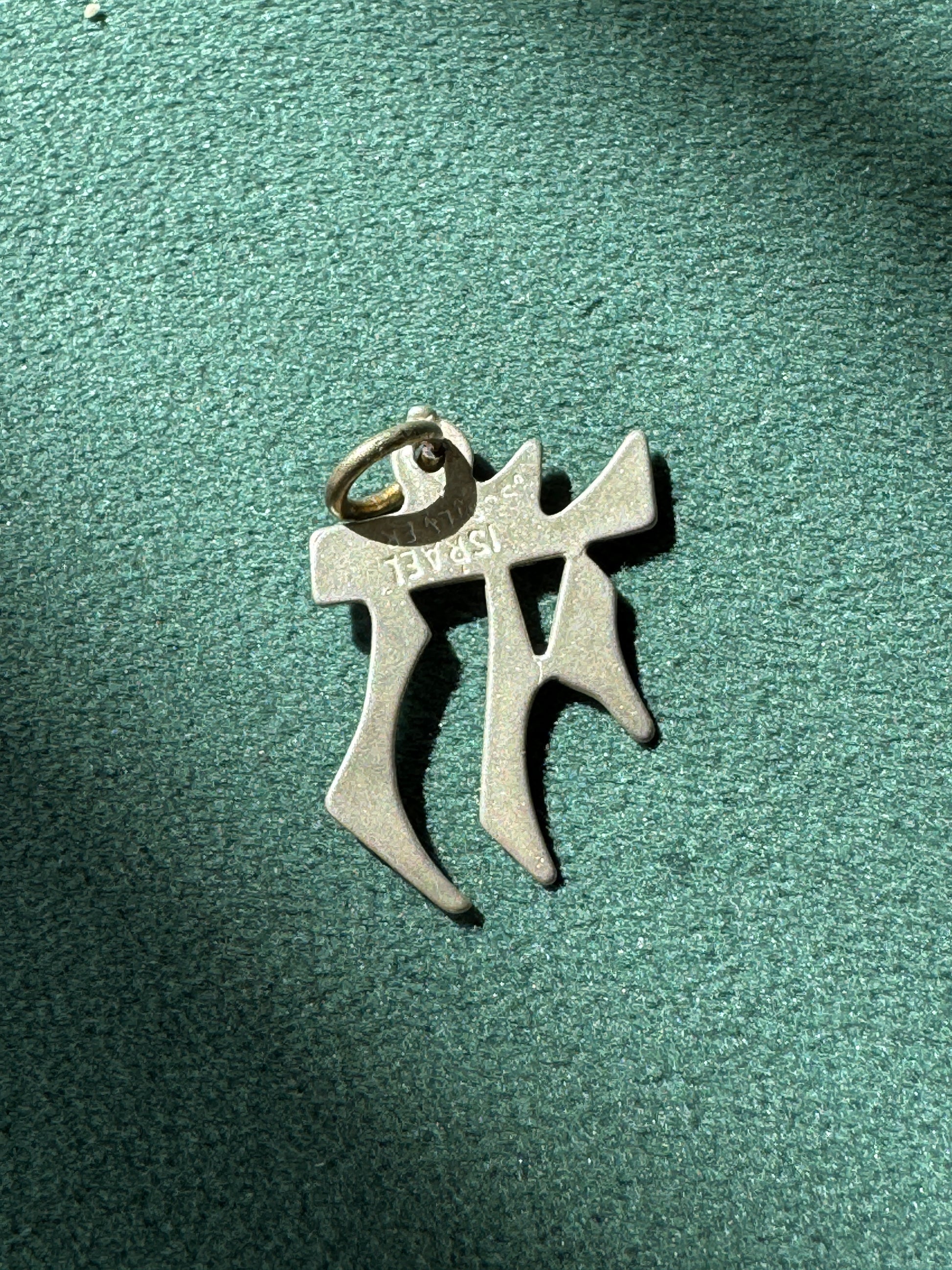 Metallic pendant with 'AMC' branding on a green textured background