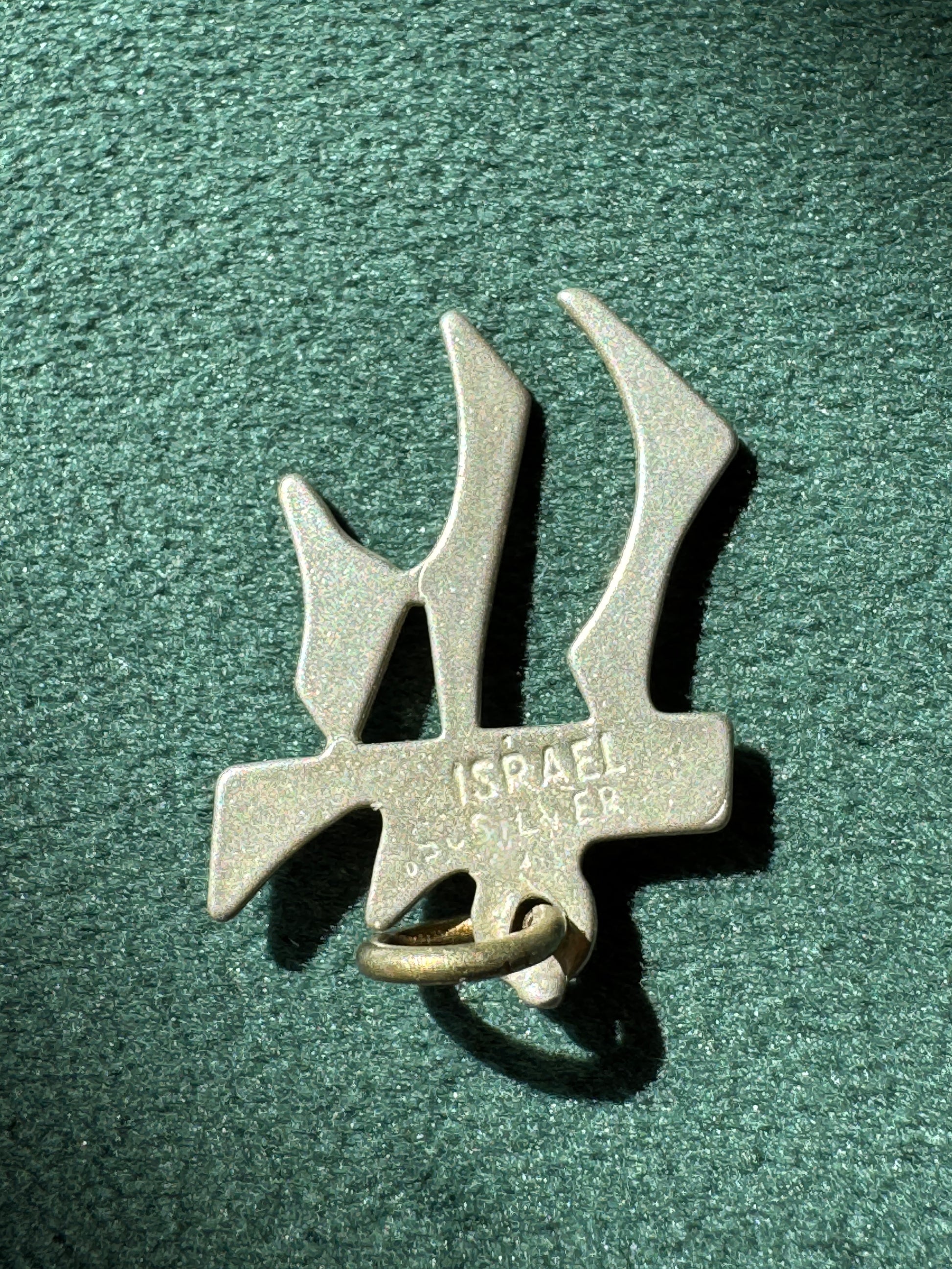 Metallic emblem with 'Israel' text on a green textured background