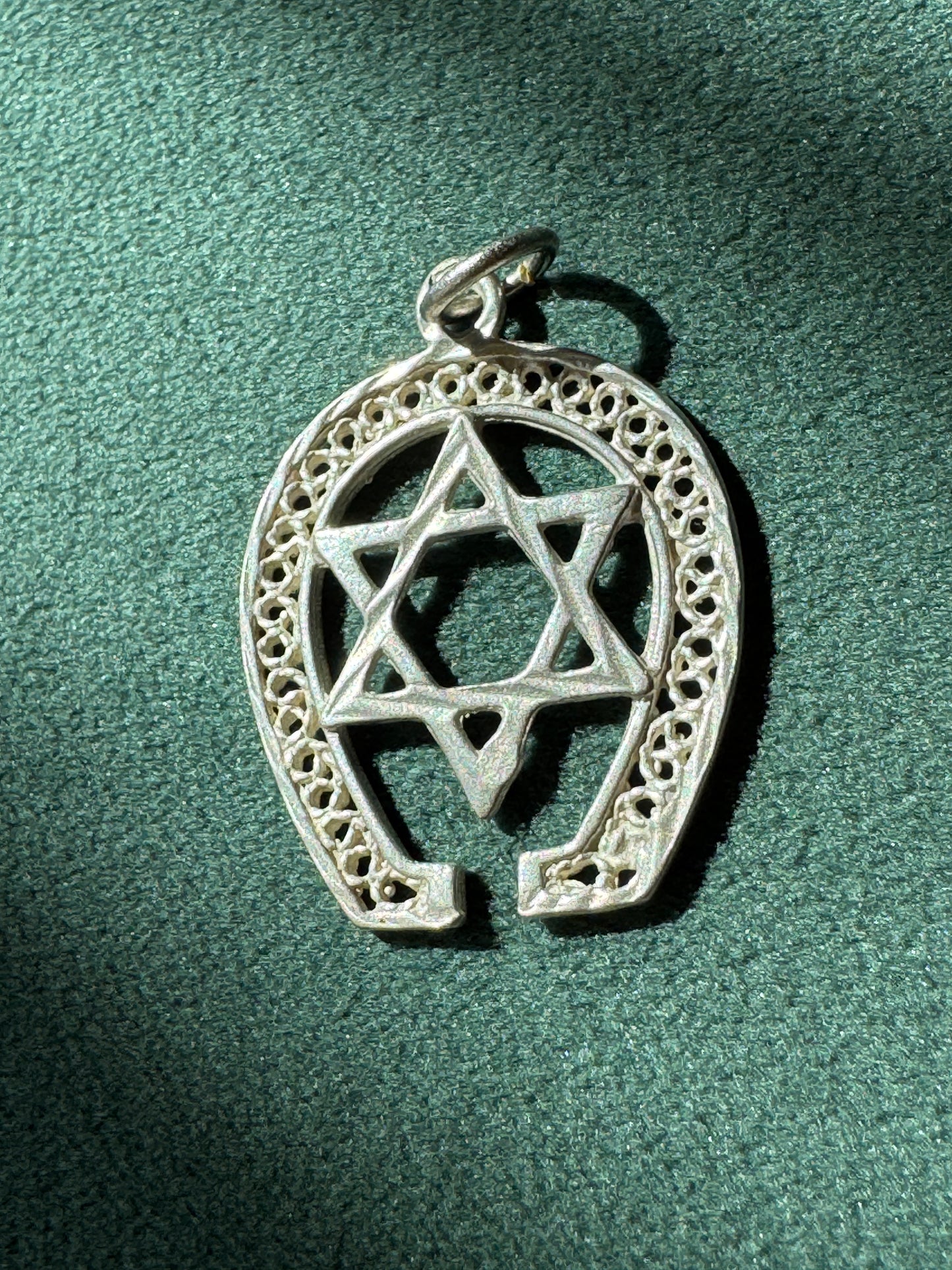 Vintage Sterling Silver Filigree Star of David Horseshoe Pendant Good Luck Judaica Charm