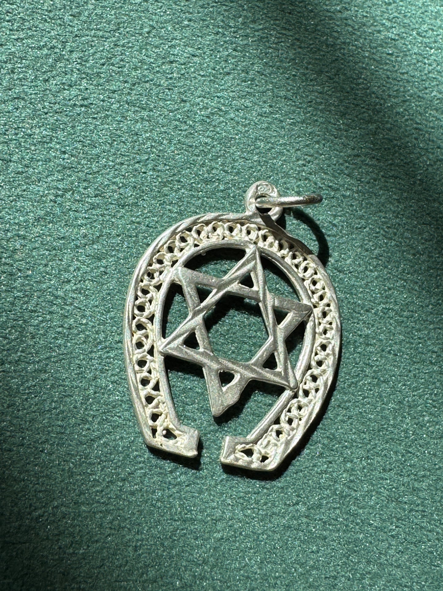 Vintage Sterling Silver Filigree Star of David Horseshoe Pendant Good Luck Judaica Charm