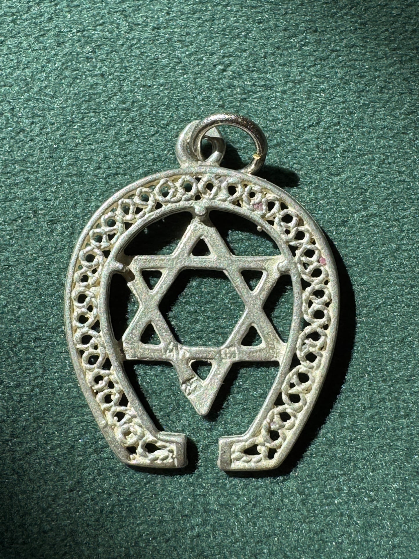 Vintage Sterling Silver Filigree Star of David Horseshoe Pendant Good Luck Judaica Charm