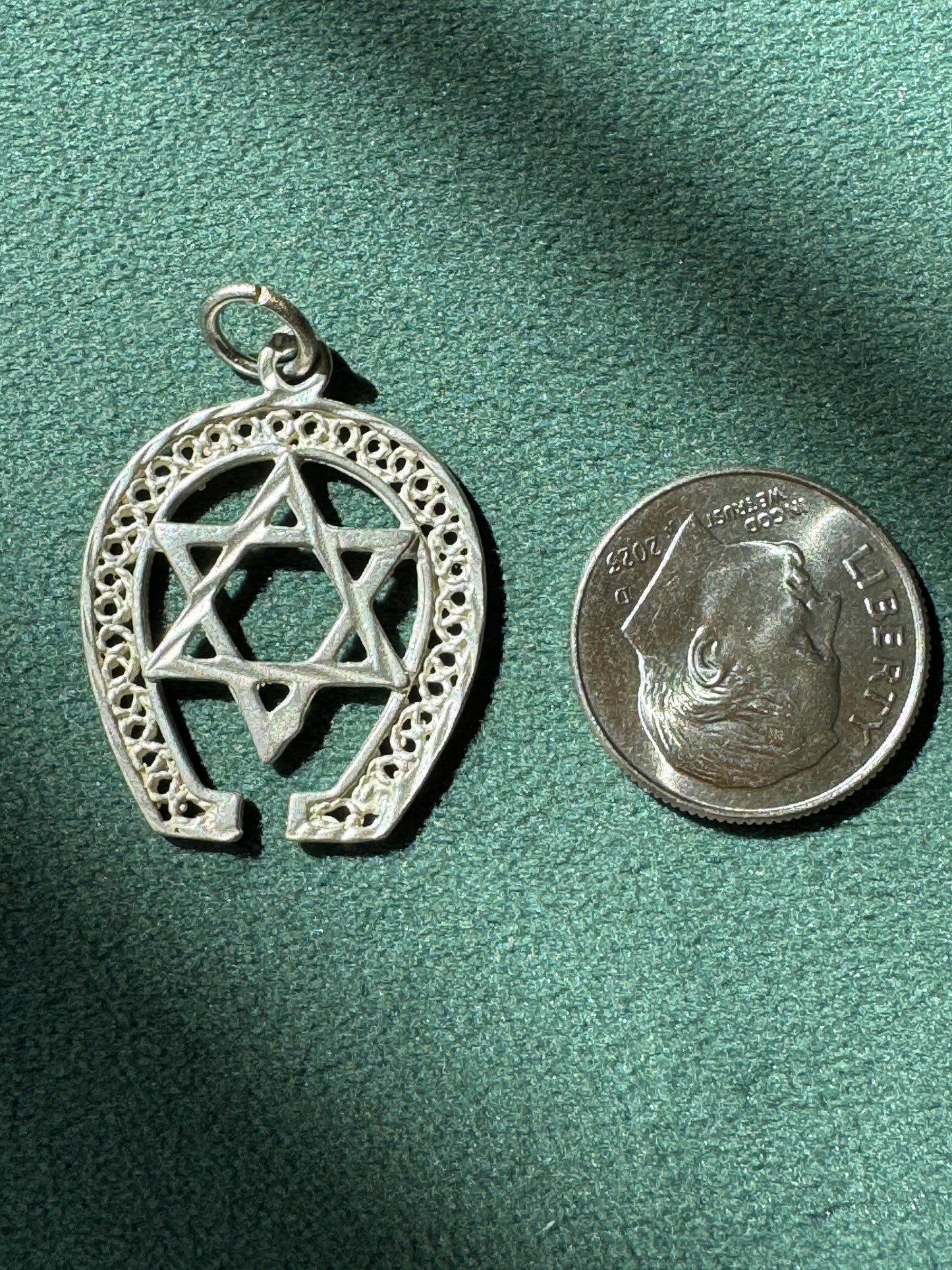 Vintage Sterling Silver Filigree Star of David Horseshoe Pendant Good Luck Judaica Charm
