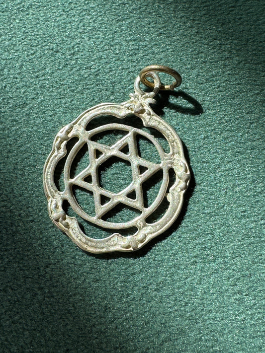 Vintage Sterling Silver Open Cutwork Star of David Circular Frame Pendant Judaica Pendant
