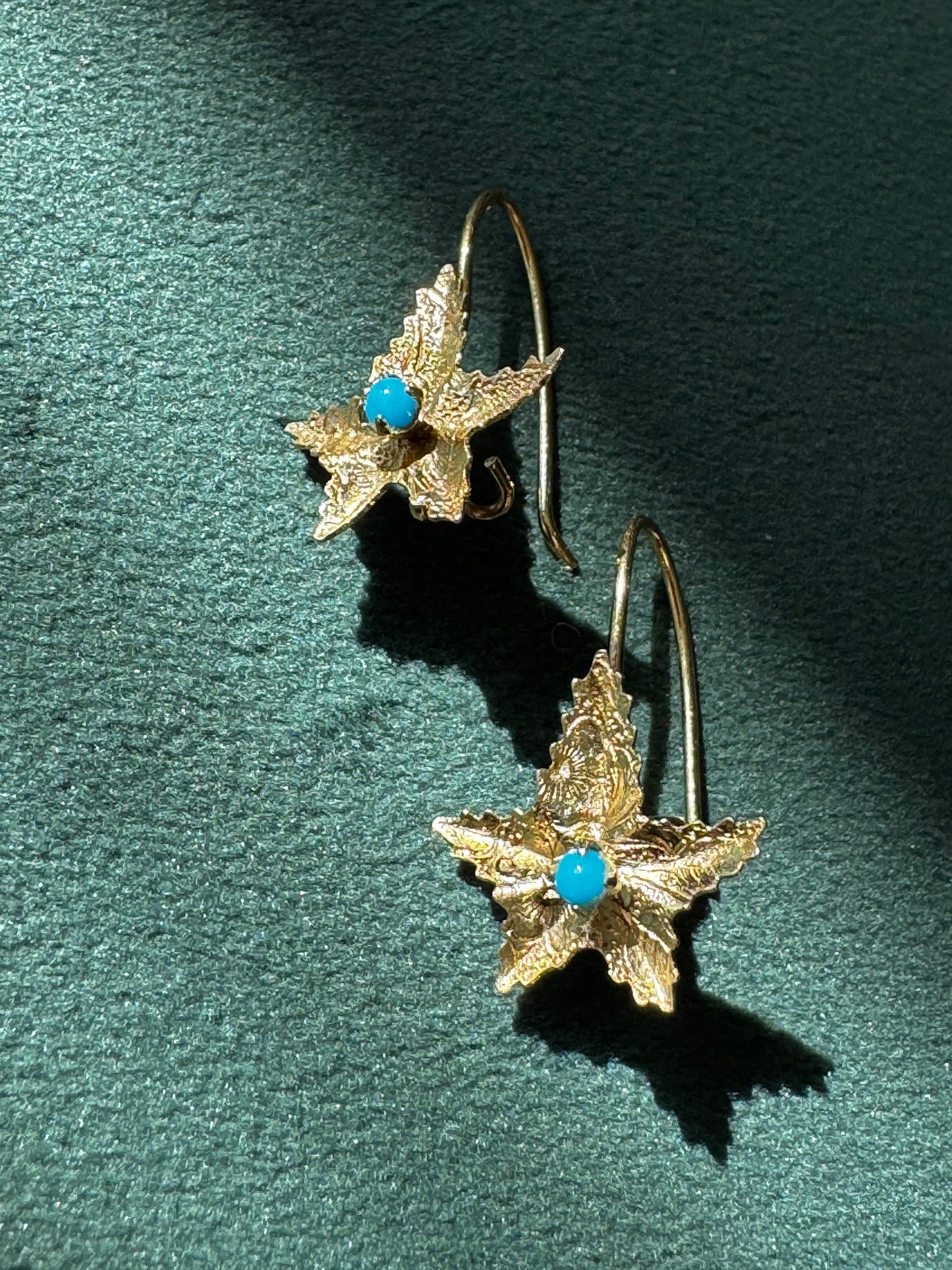 Solid Yellow Gold Starfish Earrings with Turquoise Cabochon Centers Mermaid Life on Your Ears