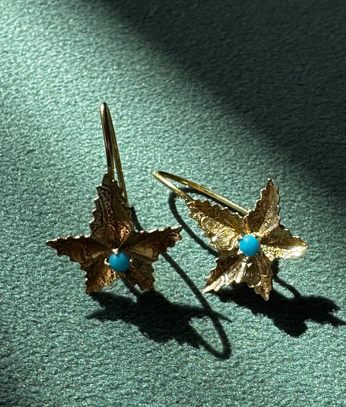 Solid Yellow Gold Starfish Earrings with Turquoise Cabochon Centers Mermaid Life on Your Ears