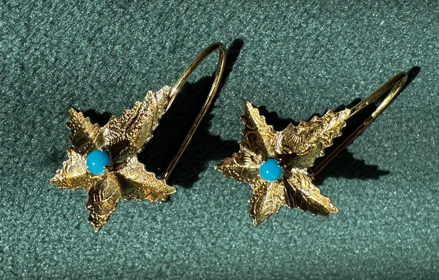 Solid Yellow Gold Starfish Earrings with Turquoise Cabochon Centers Mermaid Life on Your Ears
