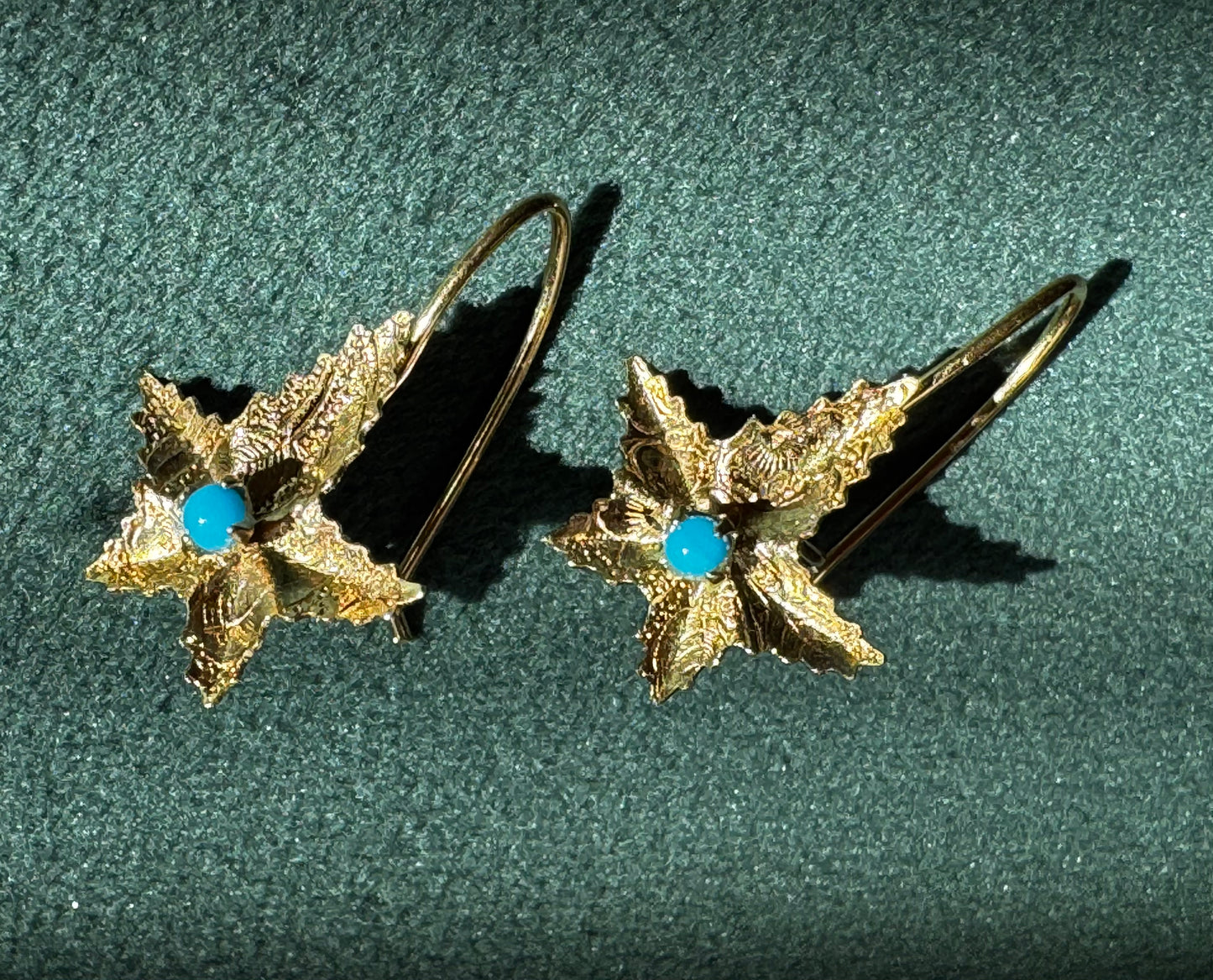 Solid Yellow Gold Starfish Earrings with Turquoise Cabochon Centers Mermaid Life on Your Ears
