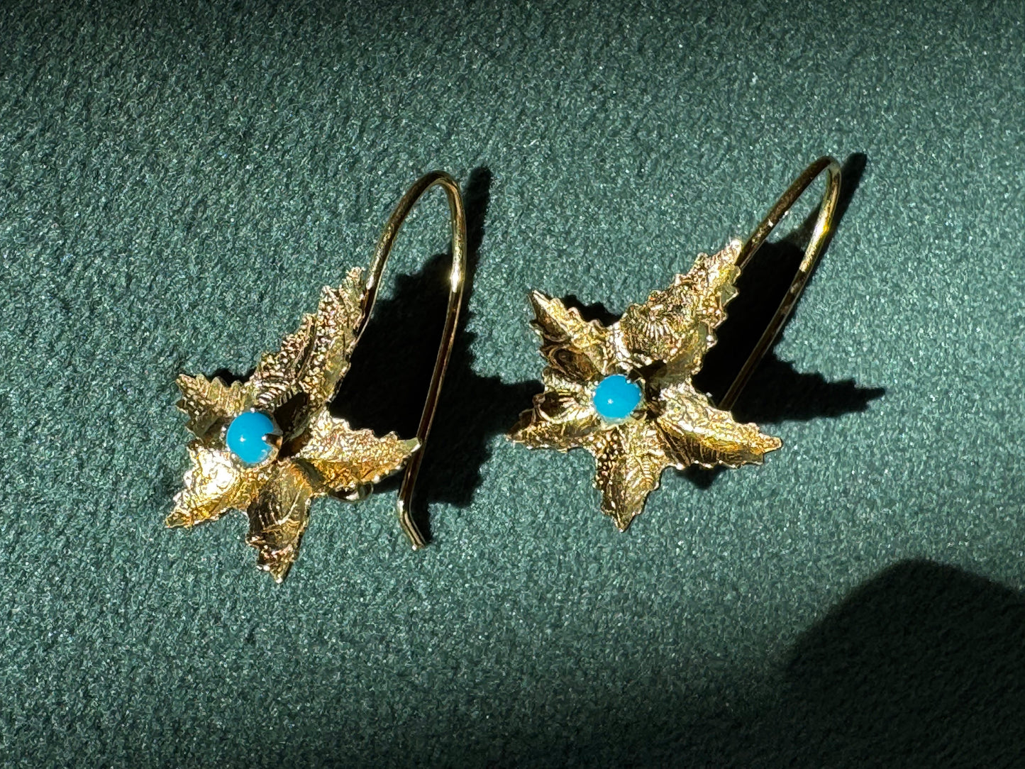 Solid Yellow Gold Starfish Earrings with Turquoise Cabochon Centers Mermaid Life on Your Ears