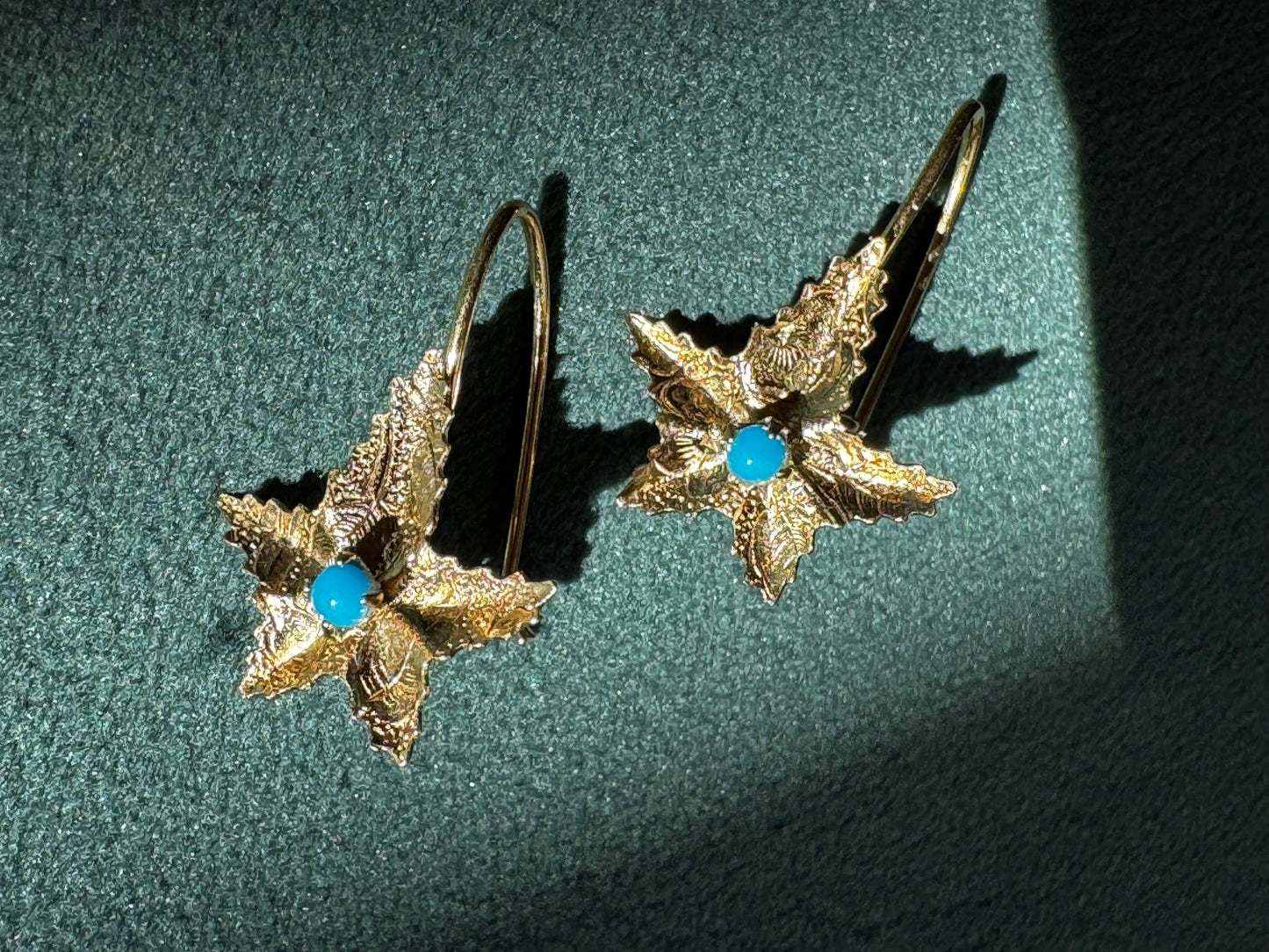 Solid Yellow Gold Starfish Earrings with Turquoise Cabochon Centers Mermaid Life on Your Ears