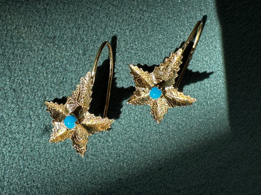 Solid Yellow Gold Starfish Earrings with Turquoise Cabochon Centers Mermaid Life on Your Ears