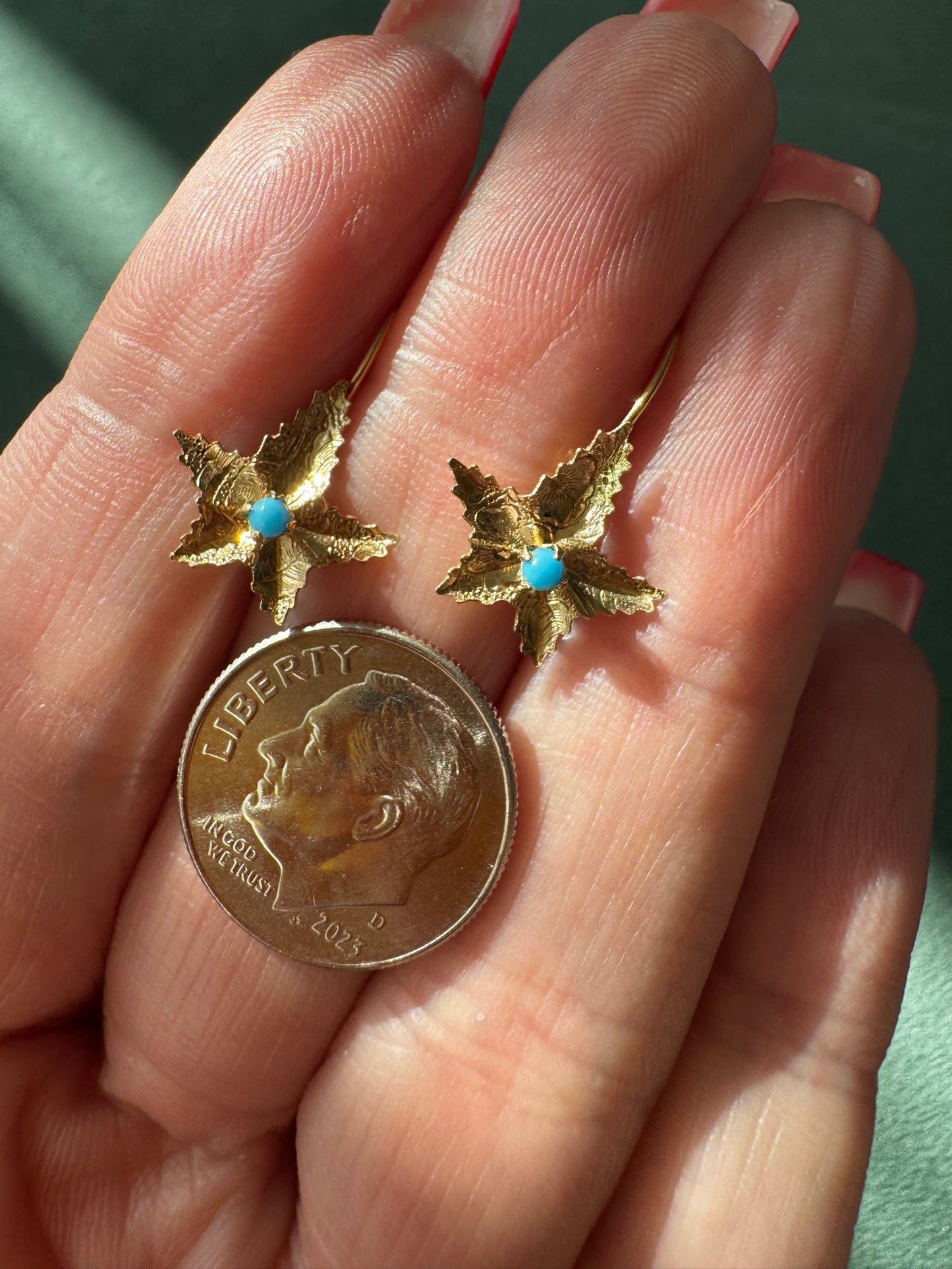Solid Yellow Gold Starfish Earrings with Turquoise Cabochon Centers Mermaid Life on Your Ears