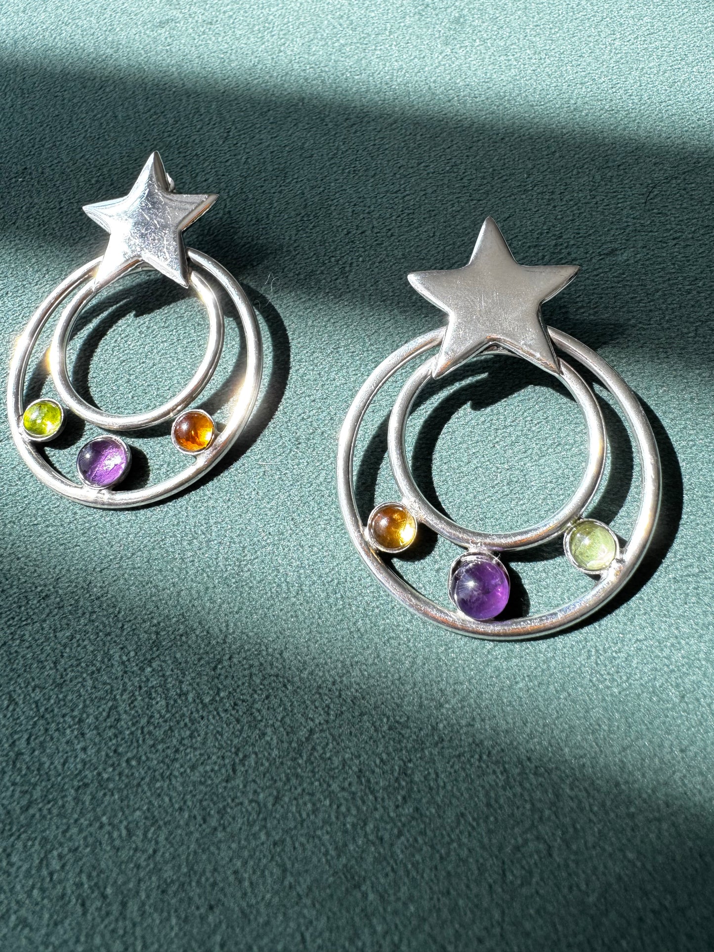 Sterling Silver Shooting Star Earrings Multi Gemstone Modernist 1990s Celestial Statement Dangles Y2K STYLE