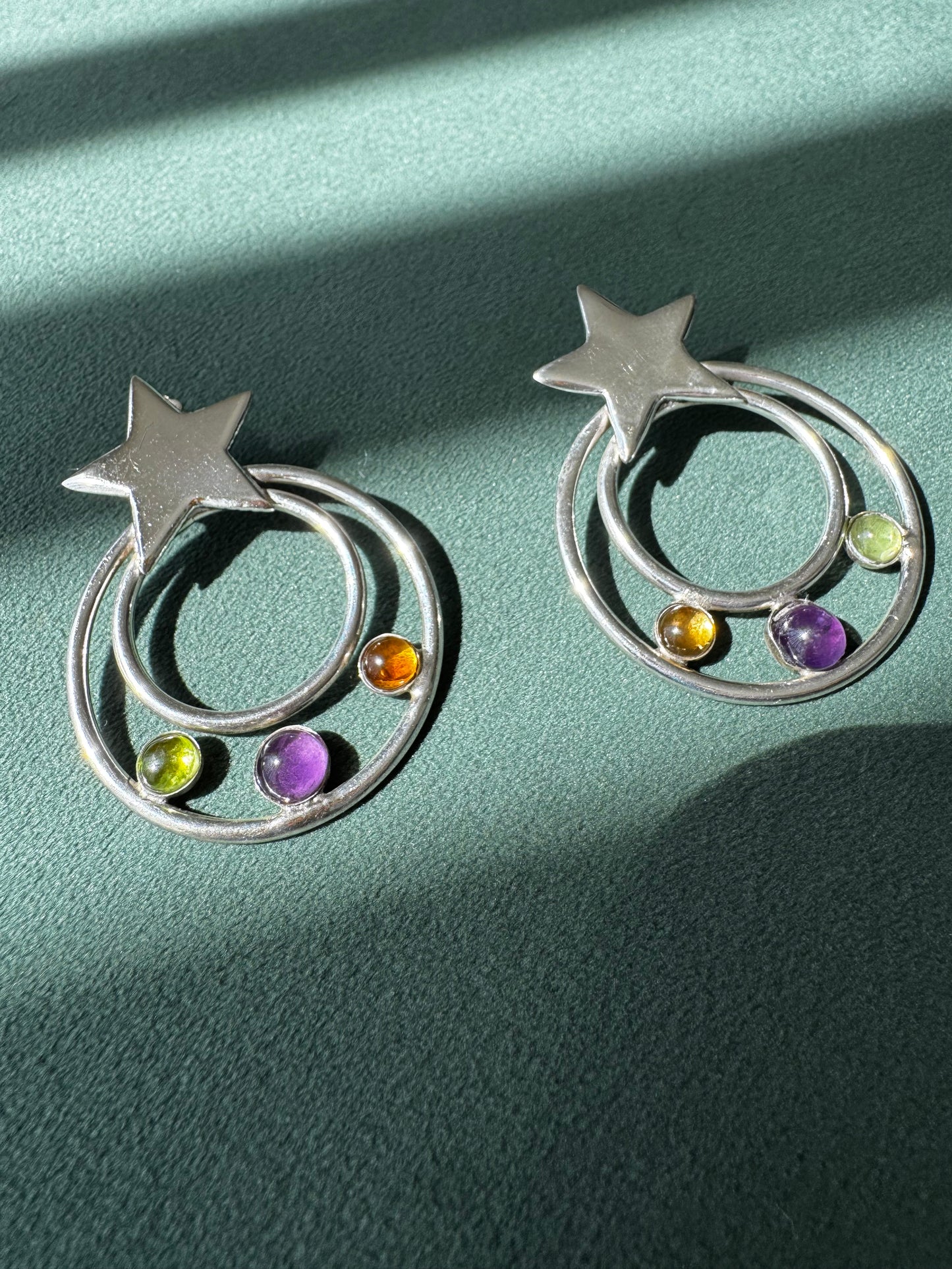 Sterling Silver Shooting Star Earrings Multi Gemstone Modernist 1990s Celestial Statement Dangles Y2K STYLE