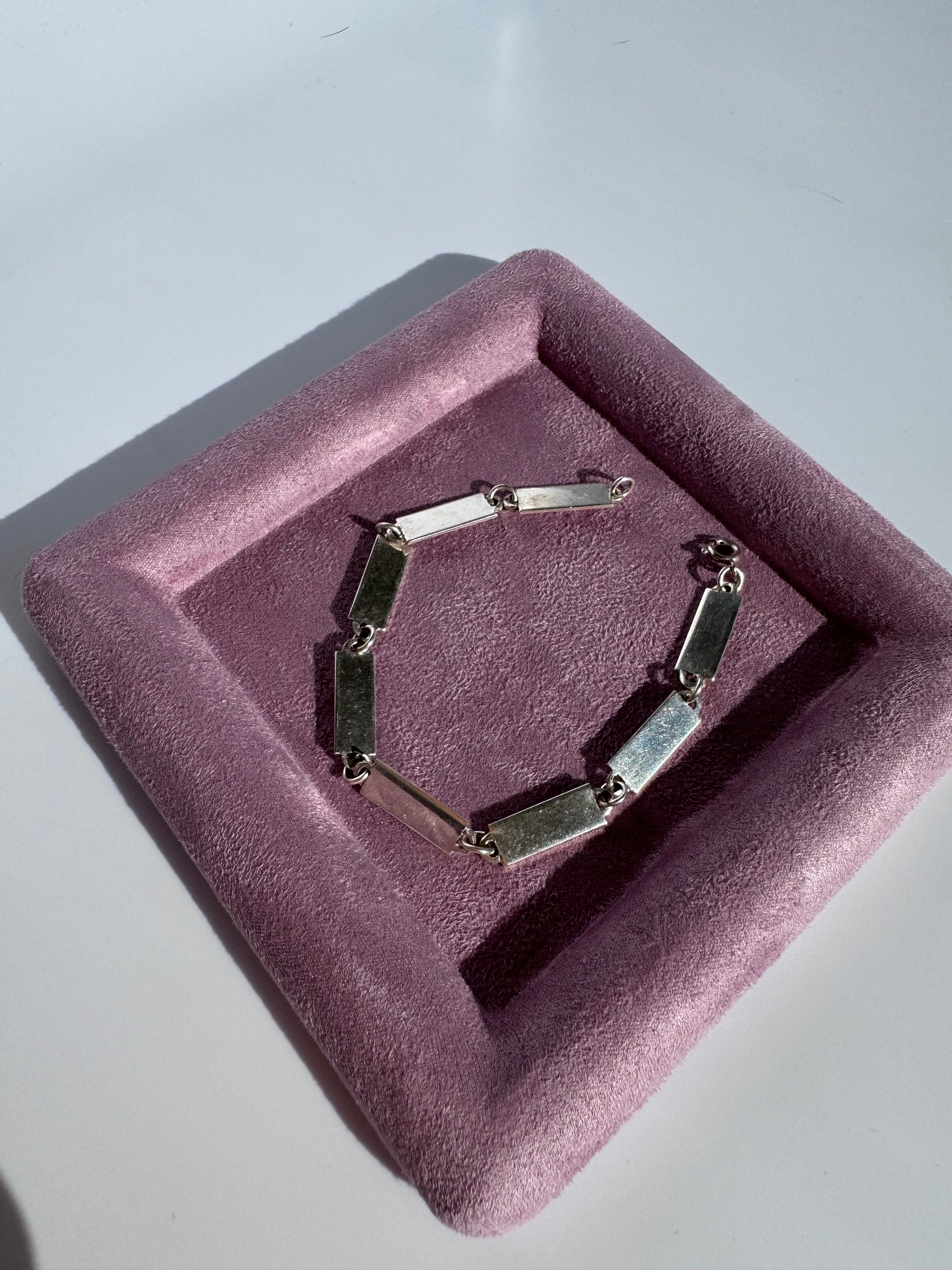 Estate vintage 1964 Leonore Doskow sterling silver geometric rectangle link bracelet with modernist architectural design