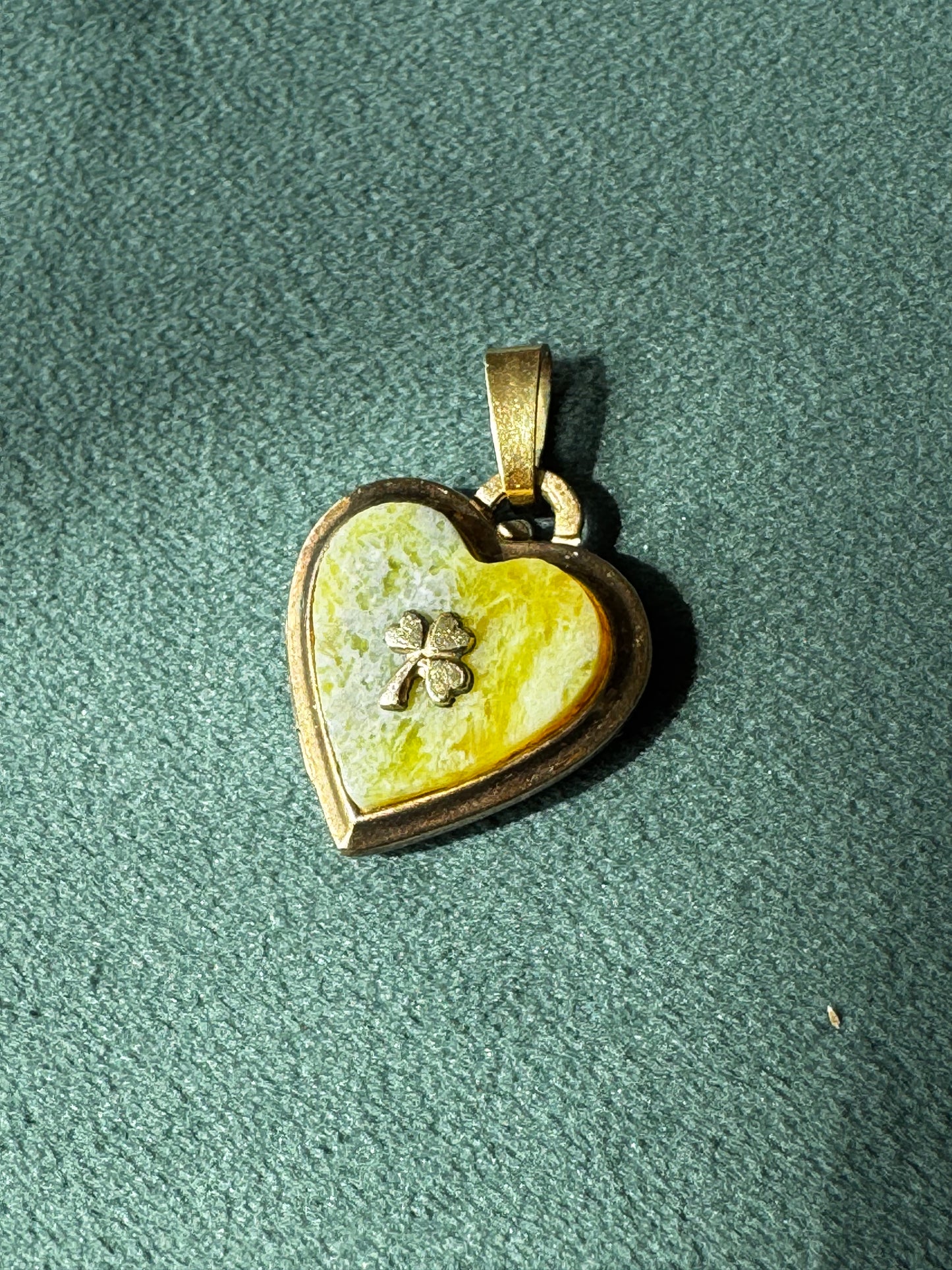 Vintage 1960s Connemara Marble Heart Locket 14ct Rolled Gold Four Leaf Clover by Kordes and Lichtenfels Germany