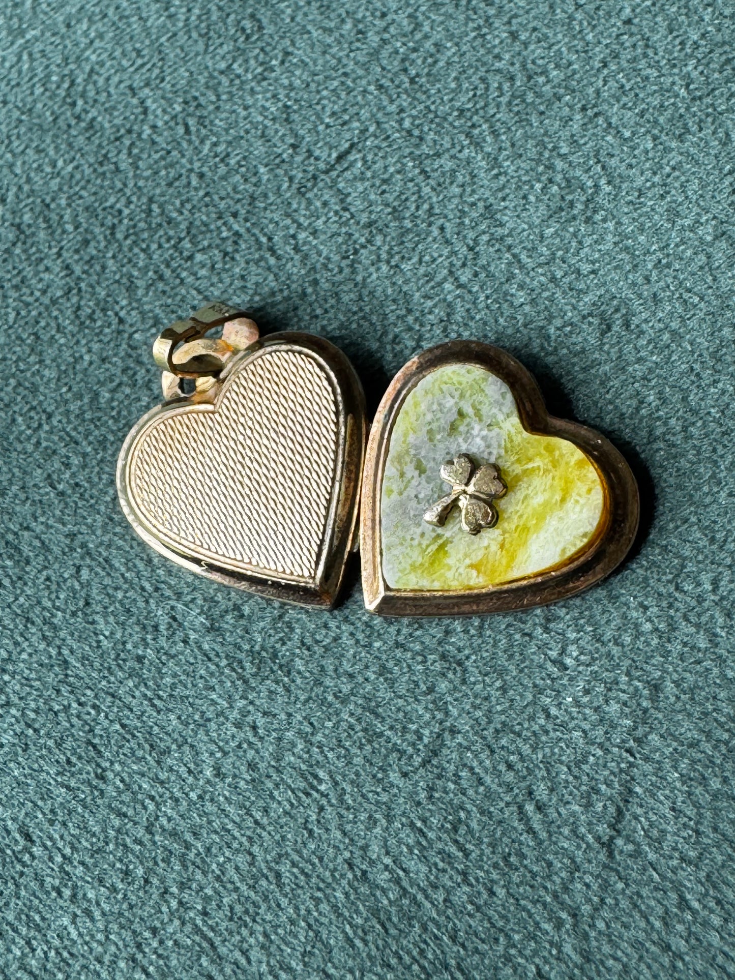 Vintage 1960s Connemara Marble Heart Locket 14ct Rolled Gold Four Leaf Clover by Kordes and Lichtenfels Germany