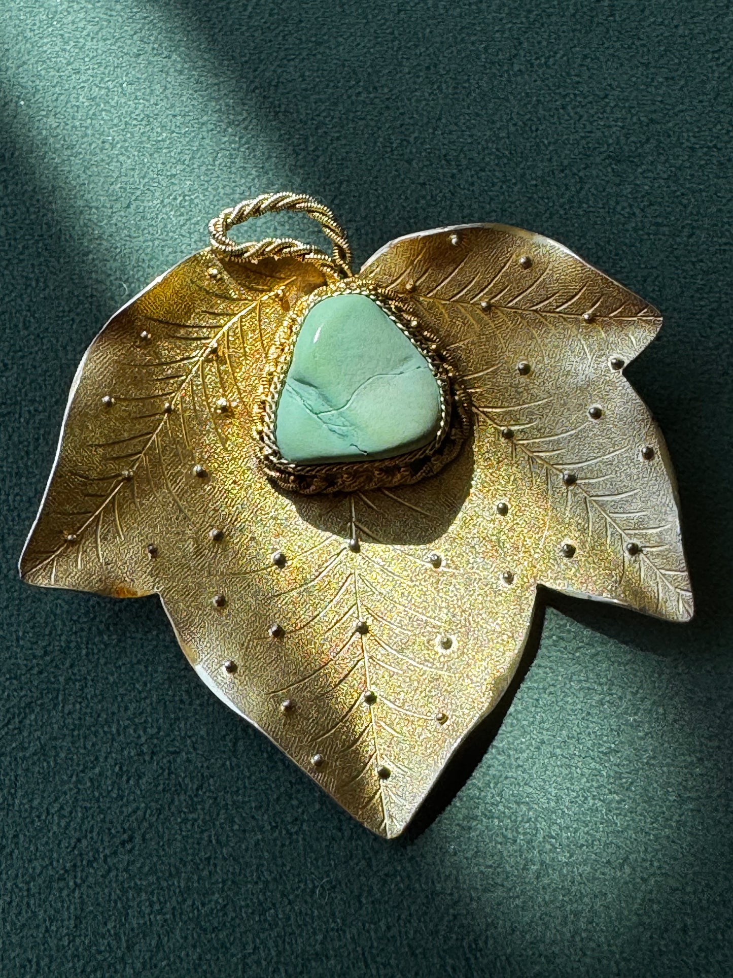 Antique Chinese Export Silver Leaf Brooch Large Turquoise Cabochon Gold Wash 41 Grams Collector Statement Pin