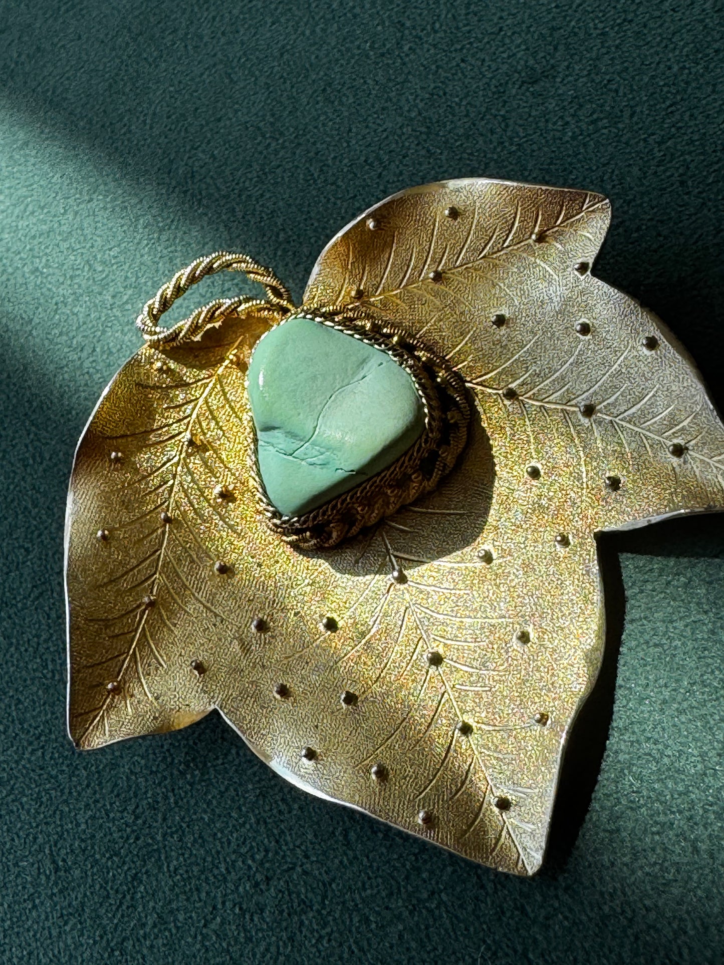 Antique Chinese Export Silver Leaf Brooch Large Turquoise Cabochon Gold Wash 41 Grams Collector Statement Pin
