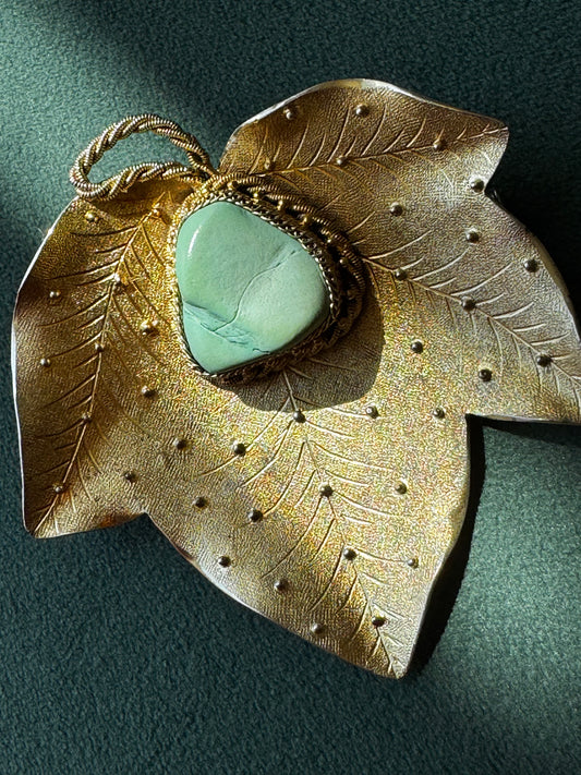Antique Chinese Export Silver Leaf Brooch Large Turquoise Cabochon Gold Wash 41 Grams Collector Statement Pin