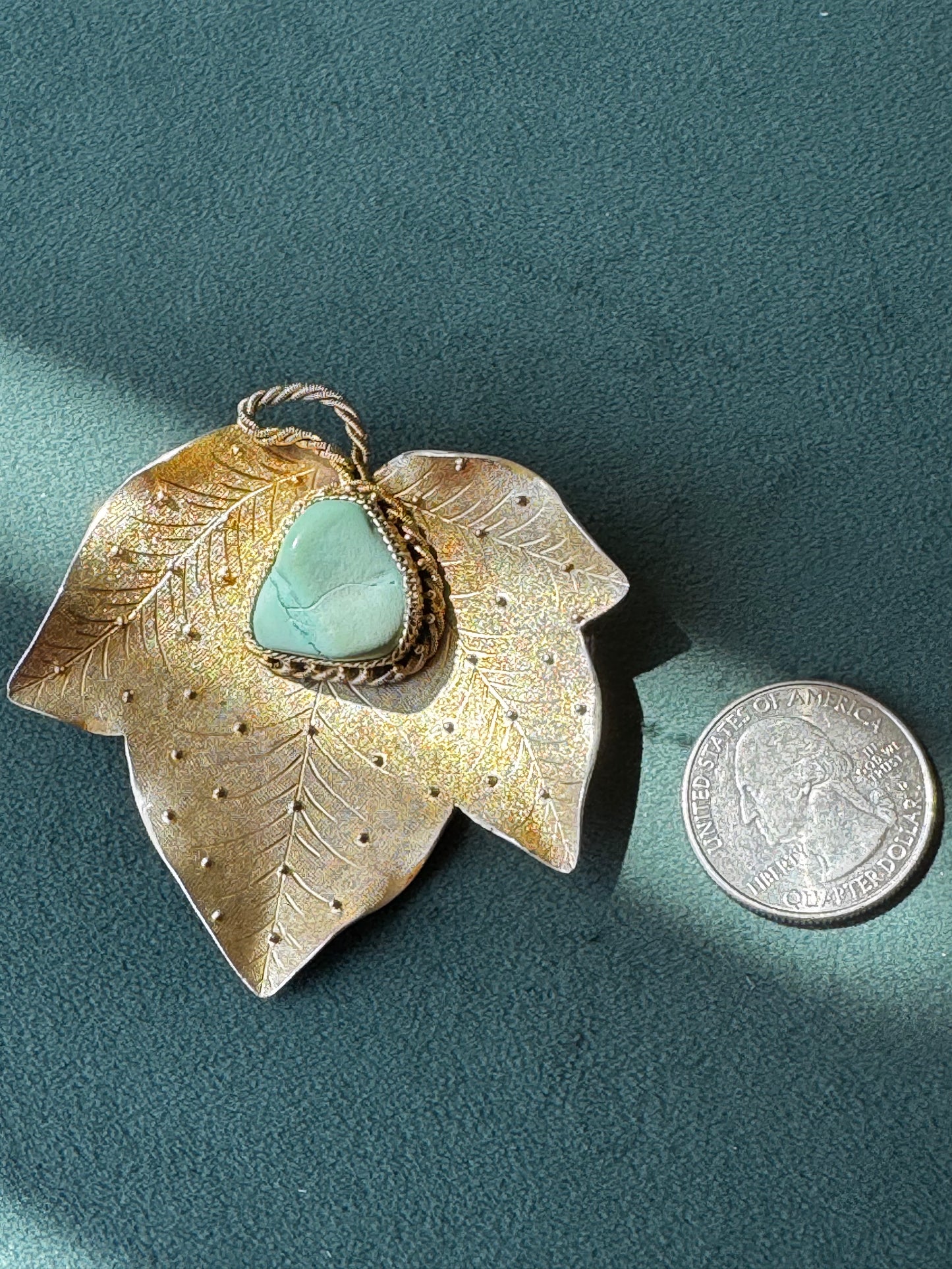 Antique Chinese Export Silver Leaf Brooch Large Turquoise Cabochon Gold Wash 41 Grams Collector Statement Pin