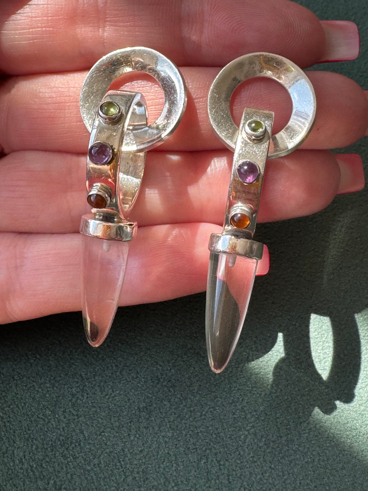 Estate Sterling Silver Crystal Spike Earrings Multi Gemstone Scroll Top 1990s Y2K Modernist Statement Dangles