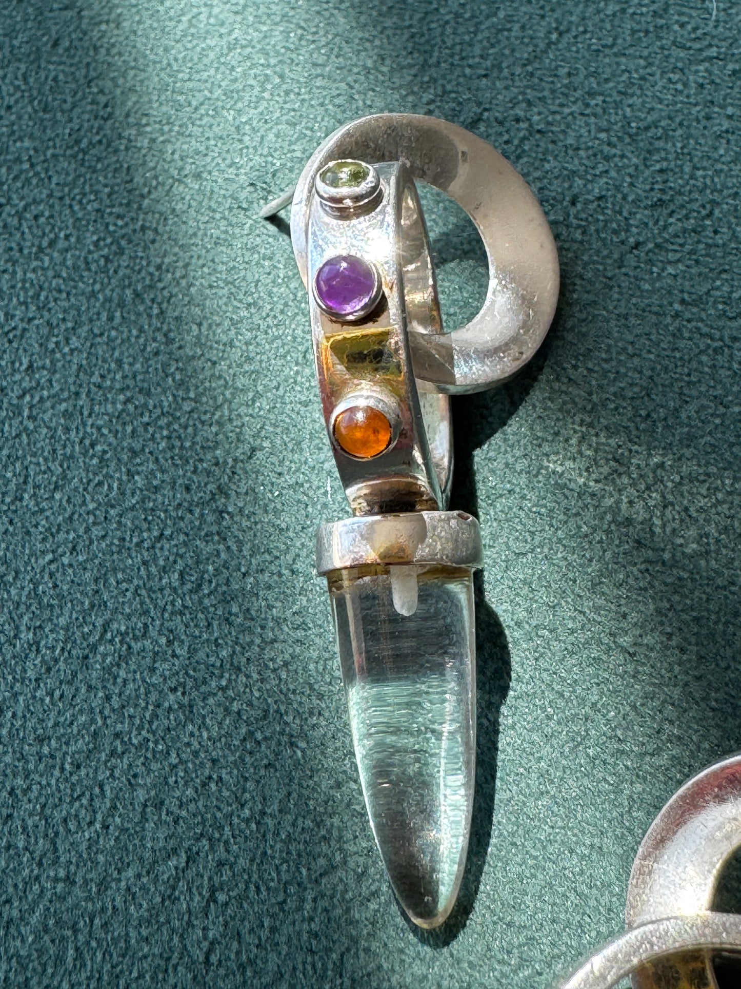 Estate Sterling Silver Crystal Spike Earrings Multi Gemstone Scroll Top 1990s Y2K Modernist Statement Dangles