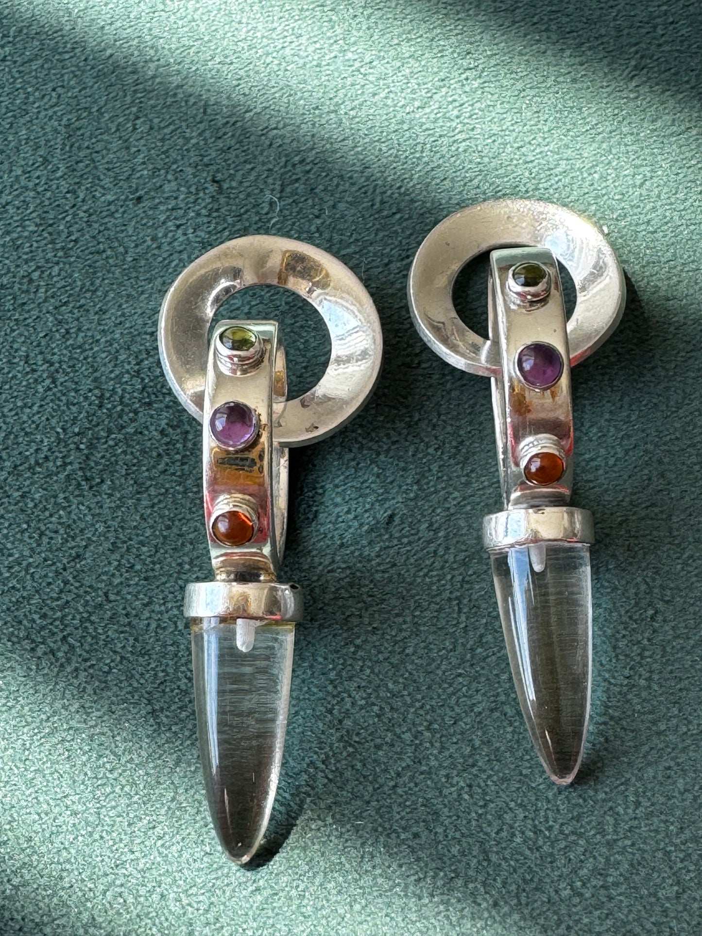Estate Sterling Silver Crystal Spike Earrings Multi Gemstone Scroll Top 1990s Y2K Modernist Statement Dangles