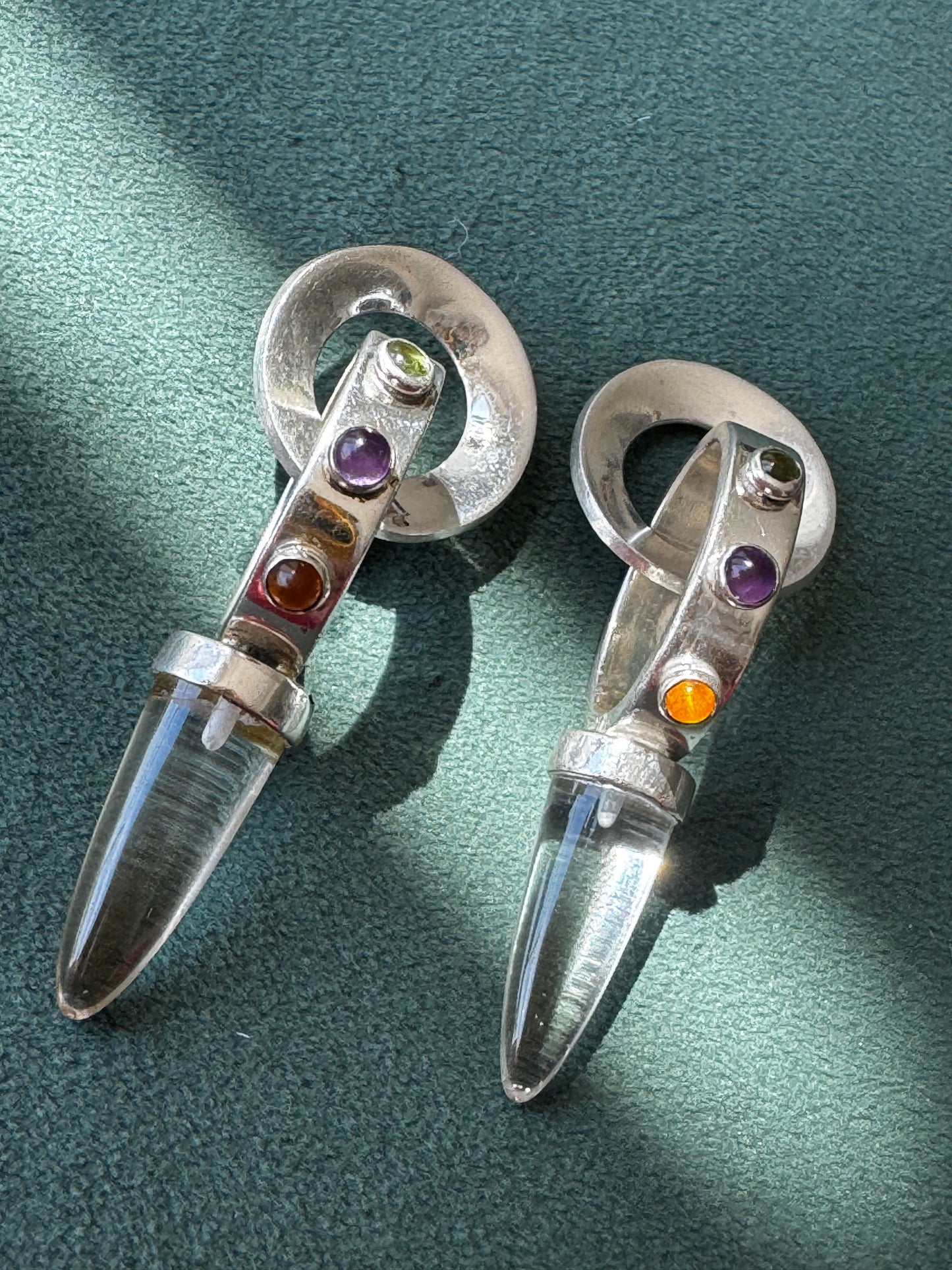Estate Sterling Silver Crystal Spike Earrings Multi Gemstone Scroll Top 1990s Y2K Modernist Statement Dangles