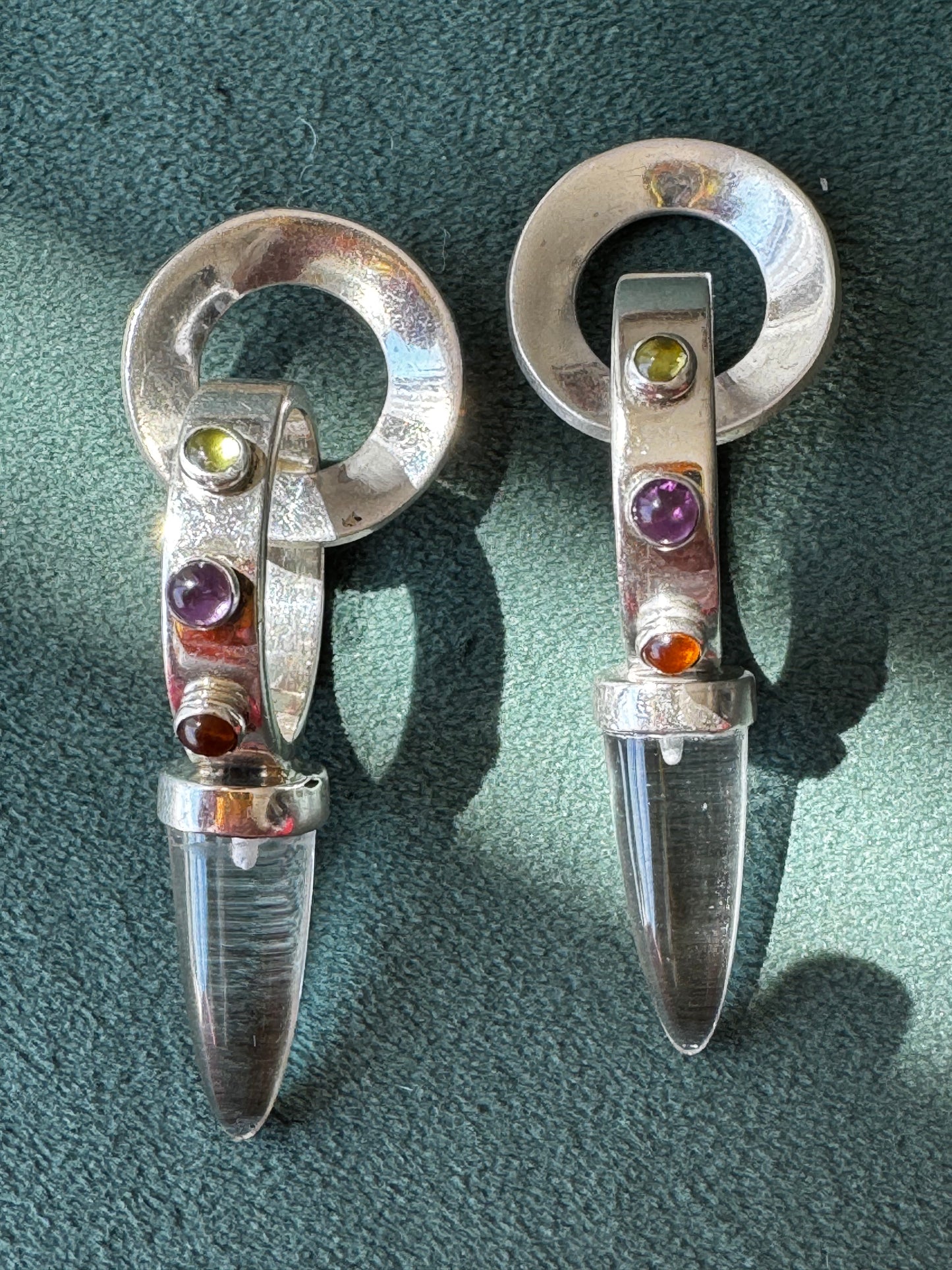 Estate Sterling Silver Crystal Spike Earrings Multi Gemstone Scroll Top 1990s Y2K Modernist Statement Dangles