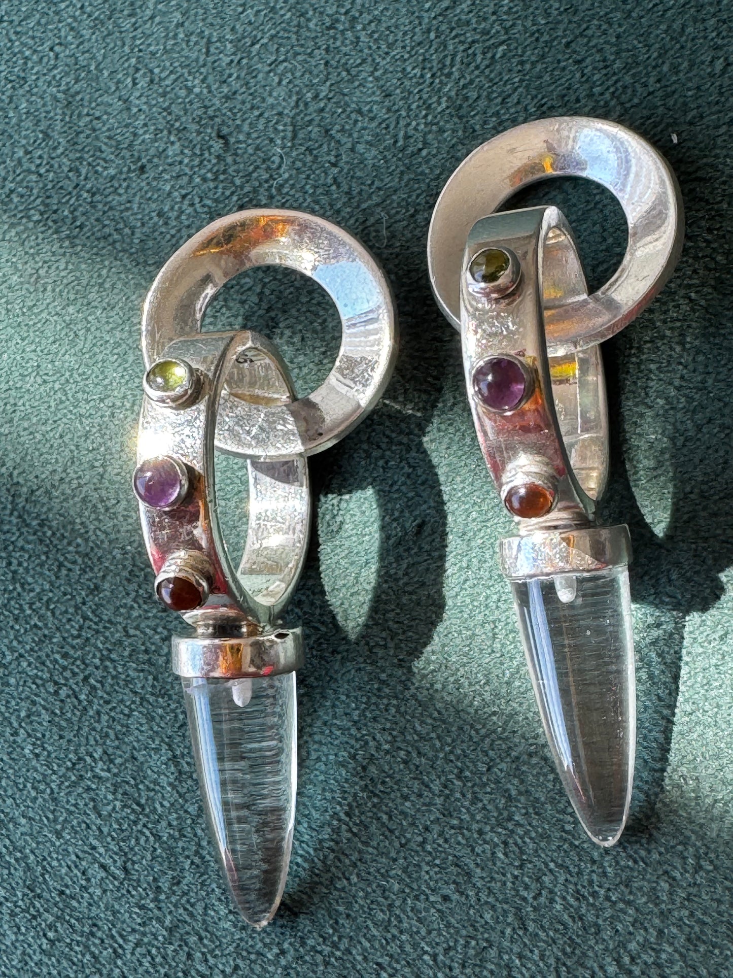 Estate Sterling Silver Crystal Spike Earrings Multi Gemstone Scroll Top 1990s Y2K Modernist Statement Dangles