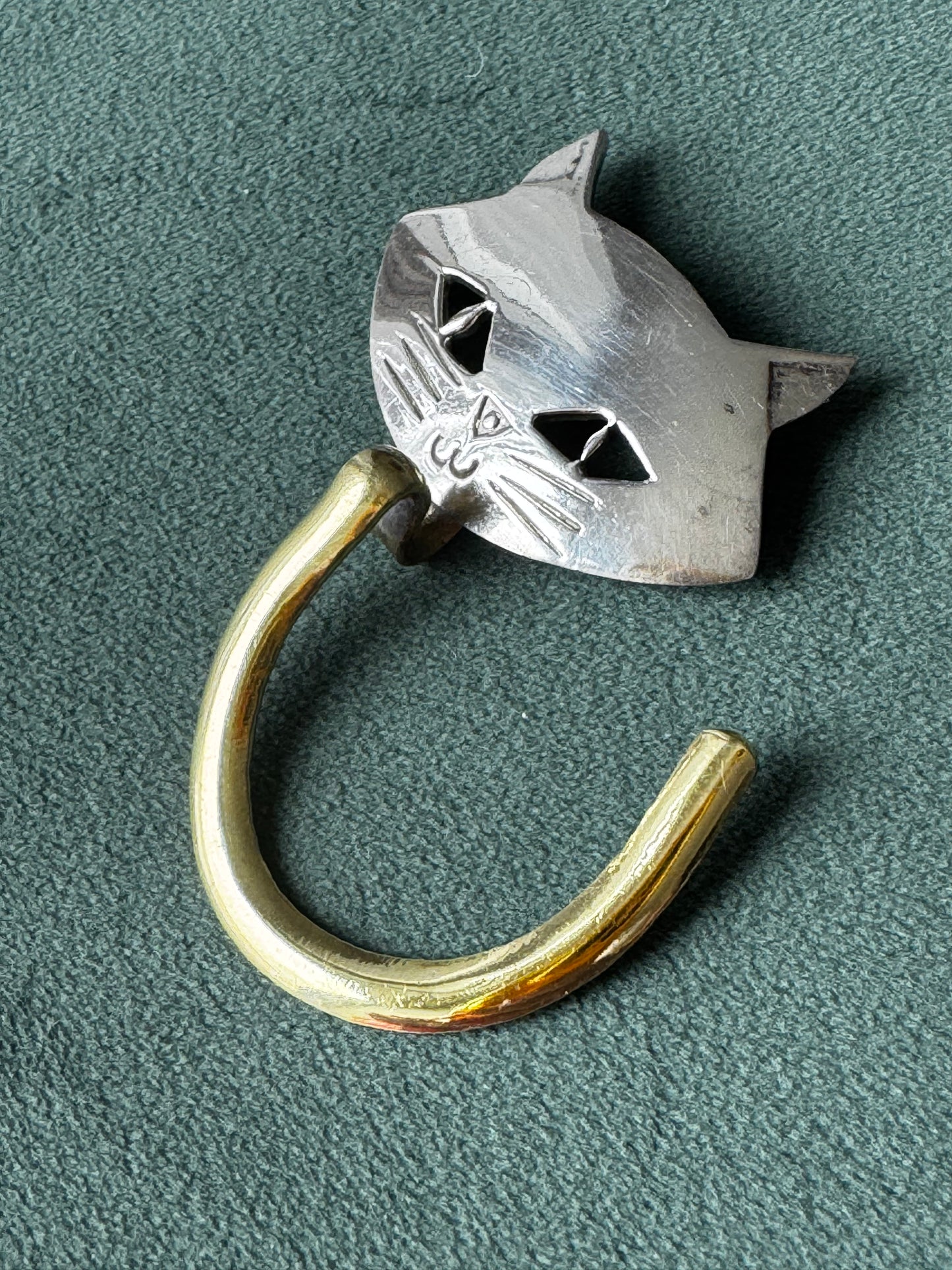 Vintage Taxco Mexico Sterling Silver and Brass Kitty Cat  Brooch - Good Luck Never Looked So Cool