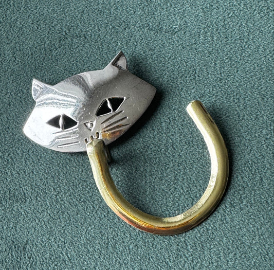 Brass hook with a silver cat-shaped padlock on a green background