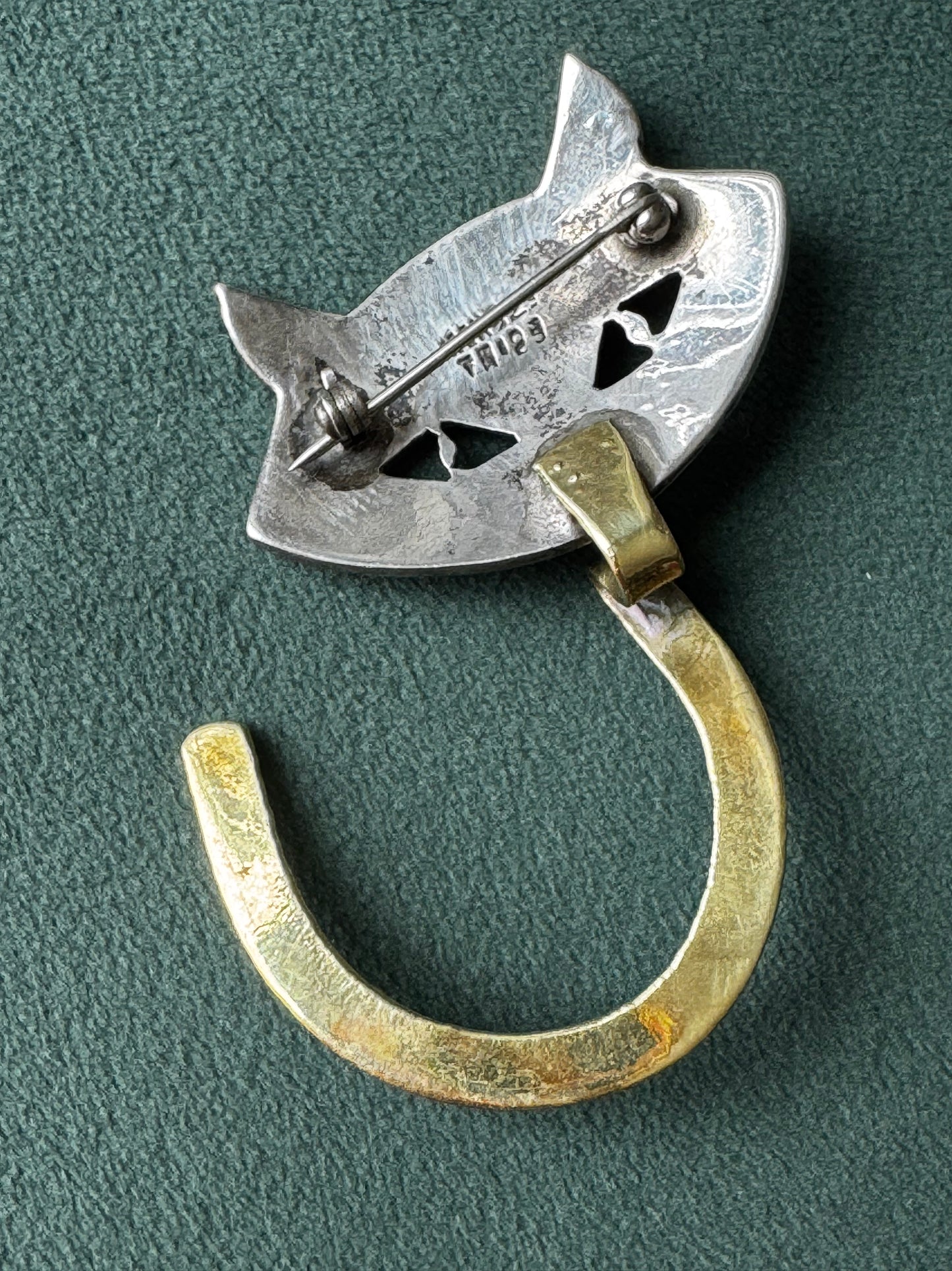 Vintage Taxco Mexico Sterling Silver and Brass Kitty Cat  Brooch - Good Luck Never Looked So Cool
