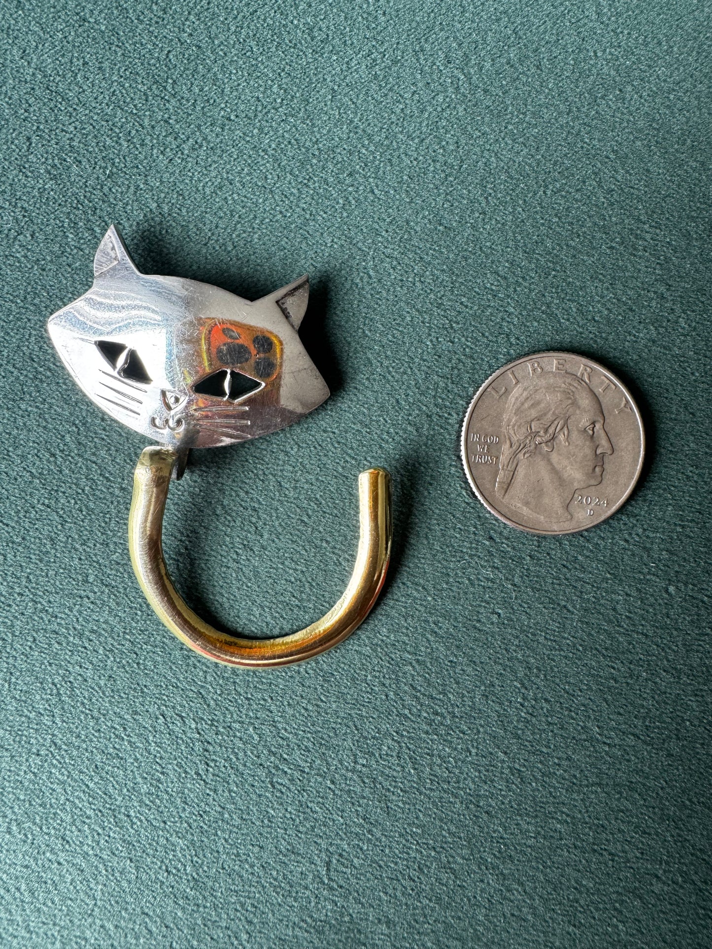 Vintage Taxco Mexico Sterling Silver and Brass Kitty Cat  Brooch - Good Luck Never Looked So Cool