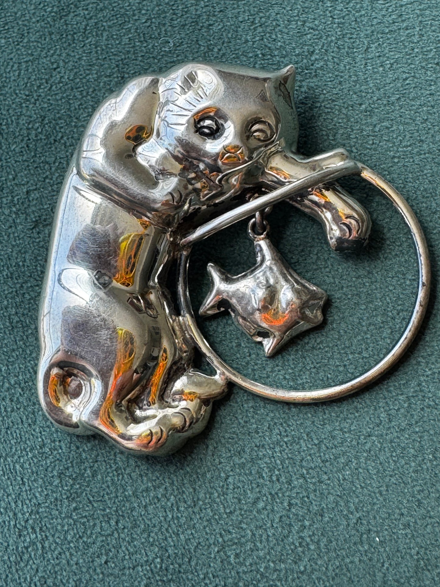 Vintage Mexican Sterling Silver Cat and Fishbowl Brooch with Dangling Fish CII Mexico 925 Cat Lover Gift