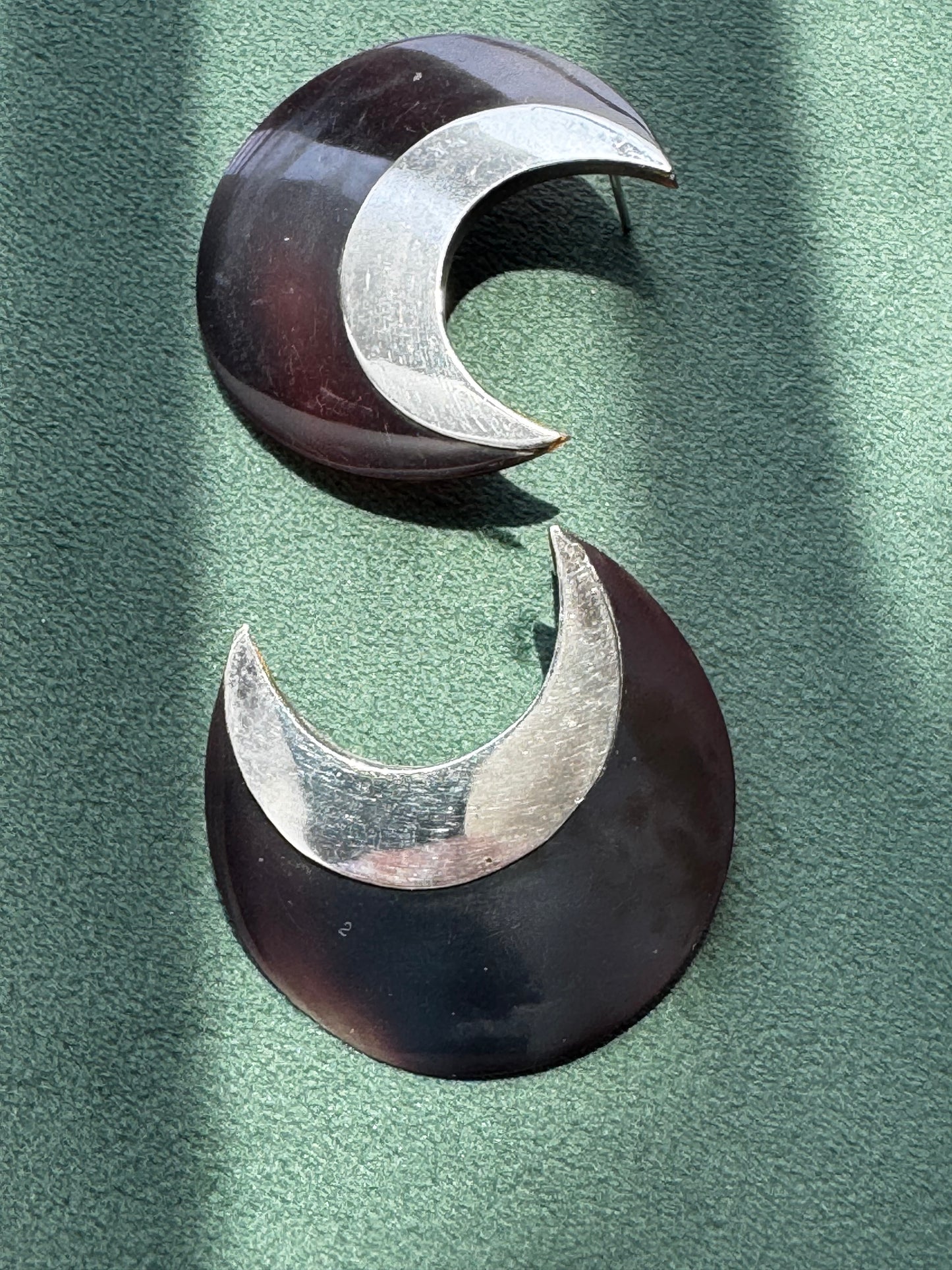 Vintage Sterling Silver Crescent Moon Post Earrings Dark Brown Two Tone Modernist Statement