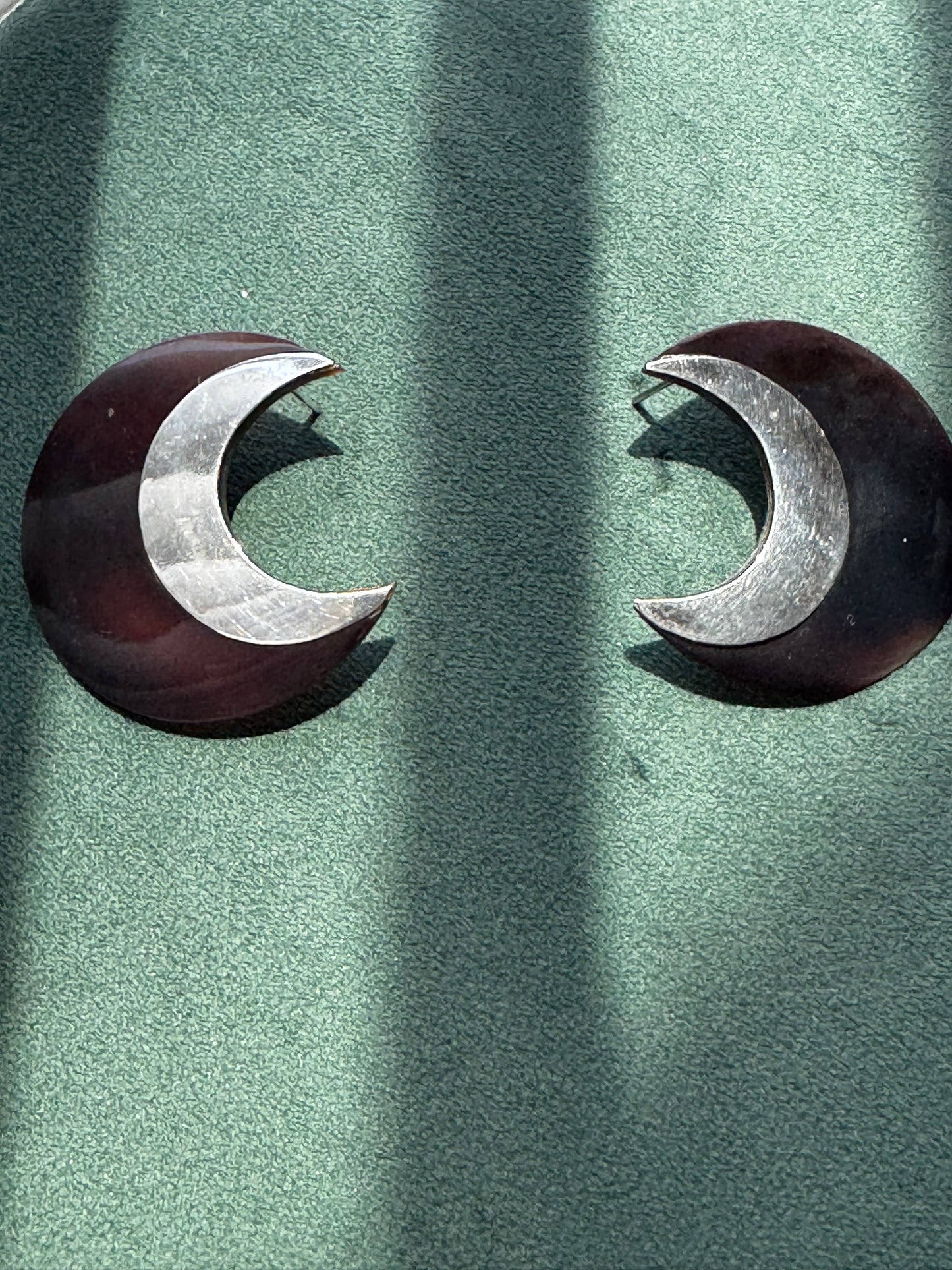Vintage Sterling Silver Crescent Moon Post Earrings Dark Brown Two Tone Modernist Statement