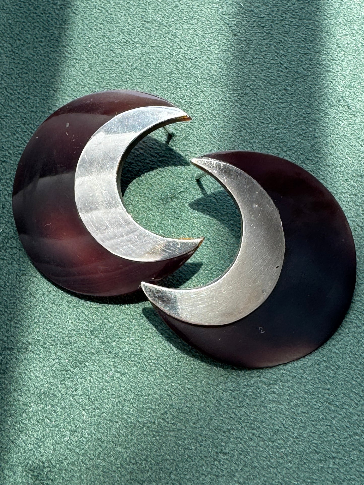 Vintage Sterling Silver Crescent Moon Post Earrings Dark Brown Two Tone Modernist Statement