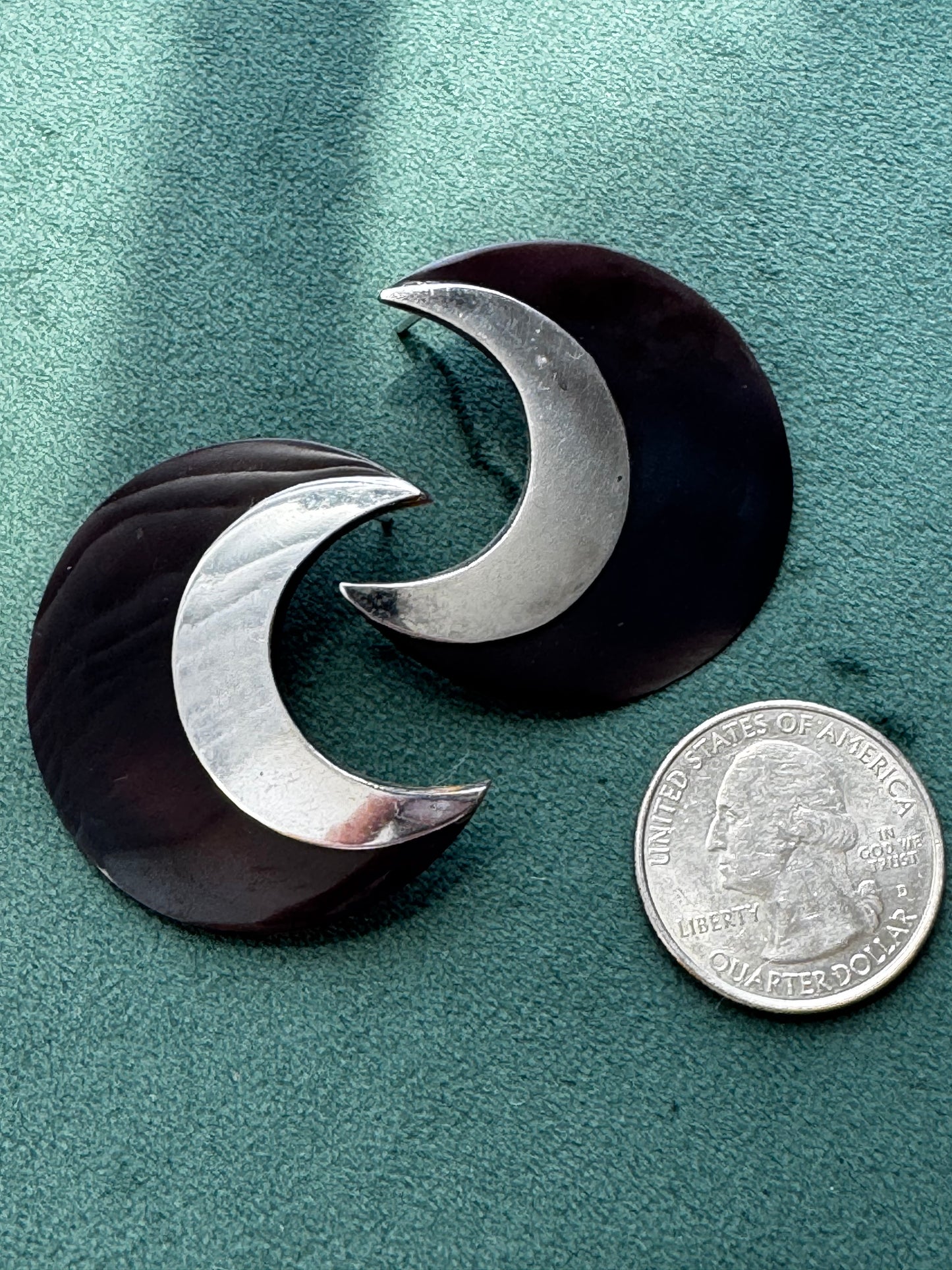 Vintage Sterling Silver Crescent Moon Post Earrings Dark Brown Two Tone Modernist Statement