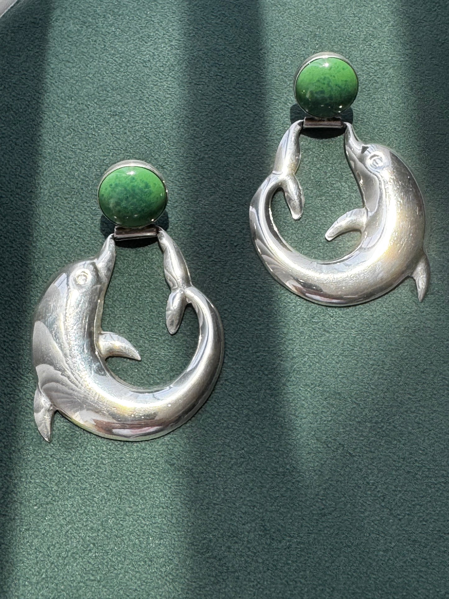 Vintage Mexico Sterling Silver Dolphin Earrings Green Aventurine Cabochon Clip On Mermaid Life
