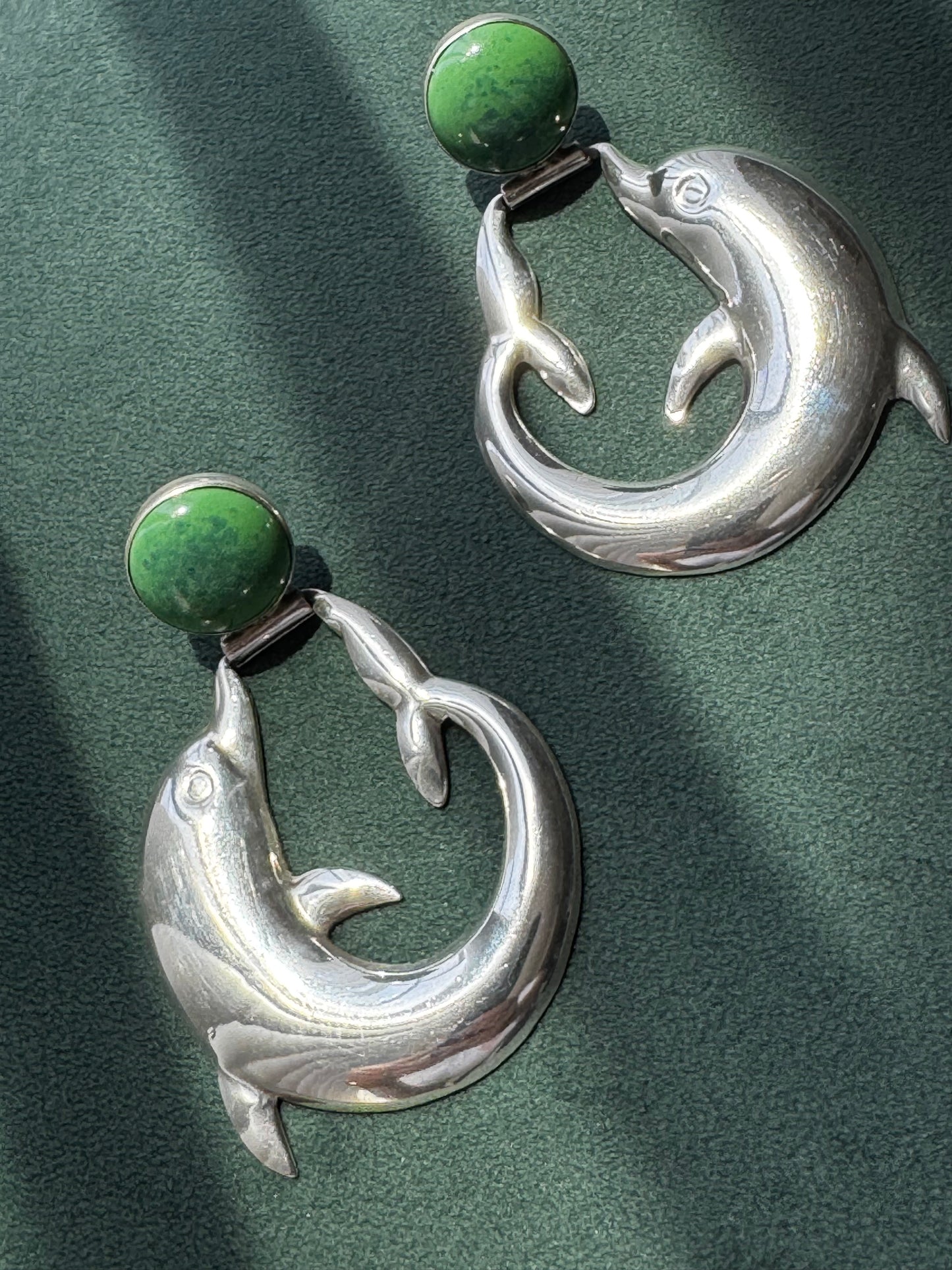 Vintage Mexico Sterling Silver Dolphin Earrings Green Aventurine Cabochon Clip On Mermaid Life